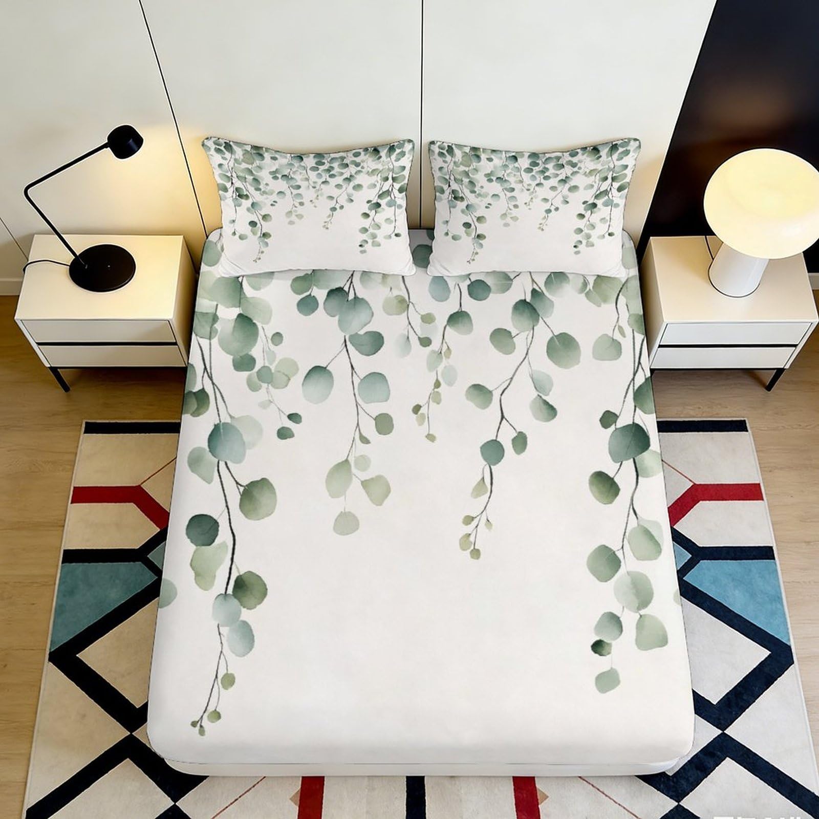 3D Printed Eucalyptus Leaves Fitted Sheet Microfiber Soft Green Botanical Branches Mattress Cover Bedroom Decor 90x200x25cm