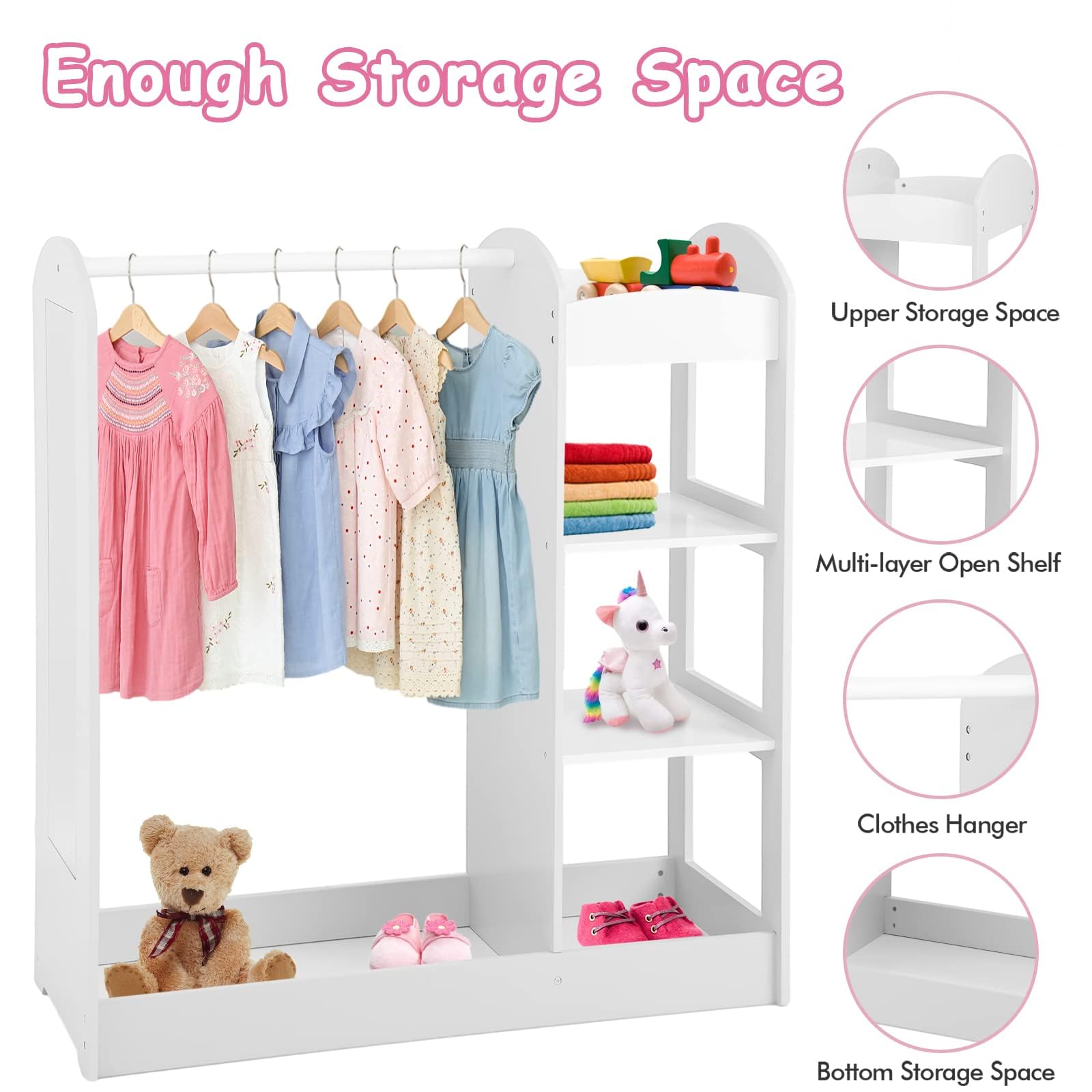 LIFEZEAL Kinder Kleiderständer, Offener Baby Kleiderschrank Kleiderständer Holz, Kinderschrank mit Spiegel, Kinderregal Kindergarderobe mit 4 Ablagen, Weiß