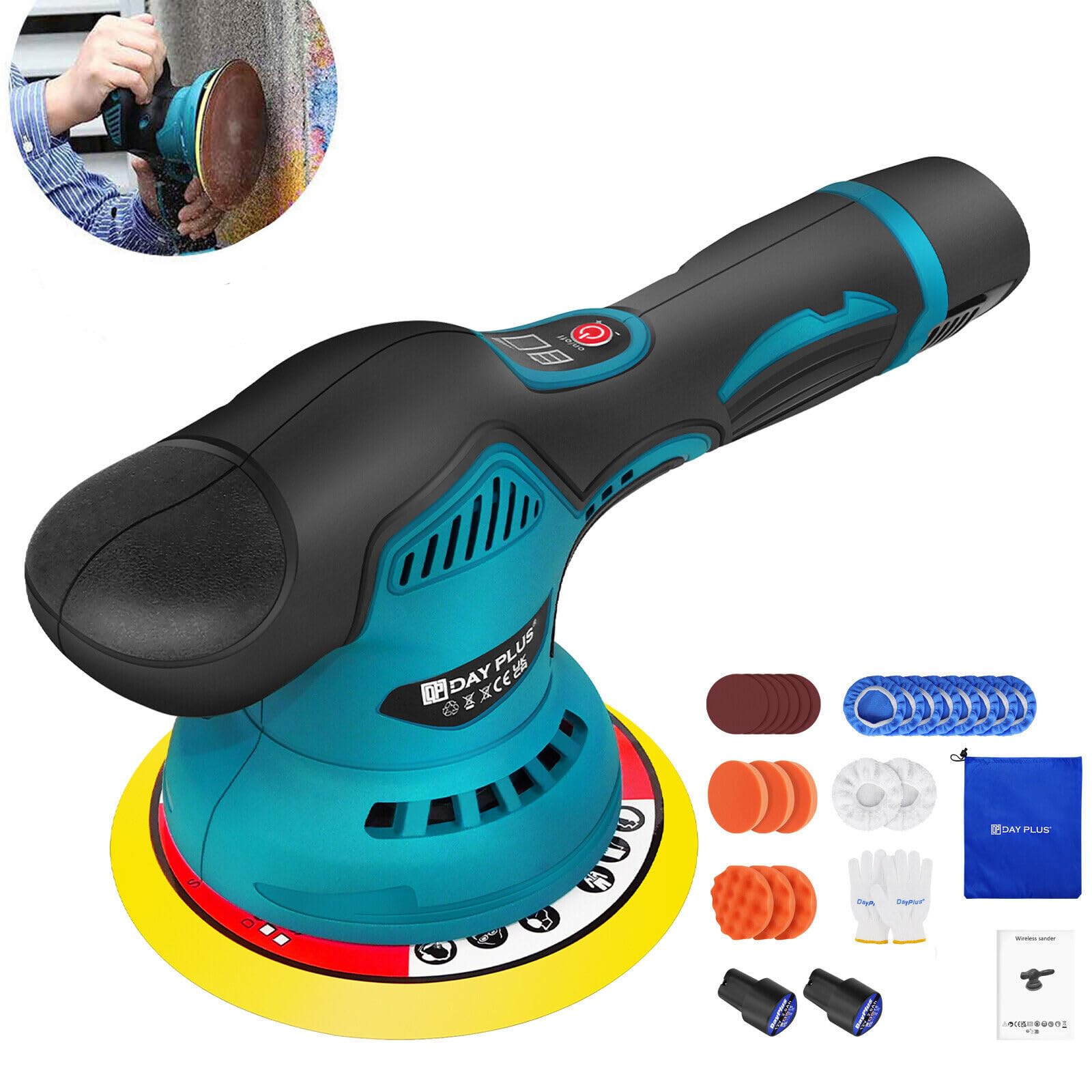 Lucidatrice per Auto a Batteria, 300W Lucidatrice Auto Senza Fili , 8 Velocità Variabili, 2800-5500 PRM, 22 Accessori, per Lucidare l'auto e i Mobili