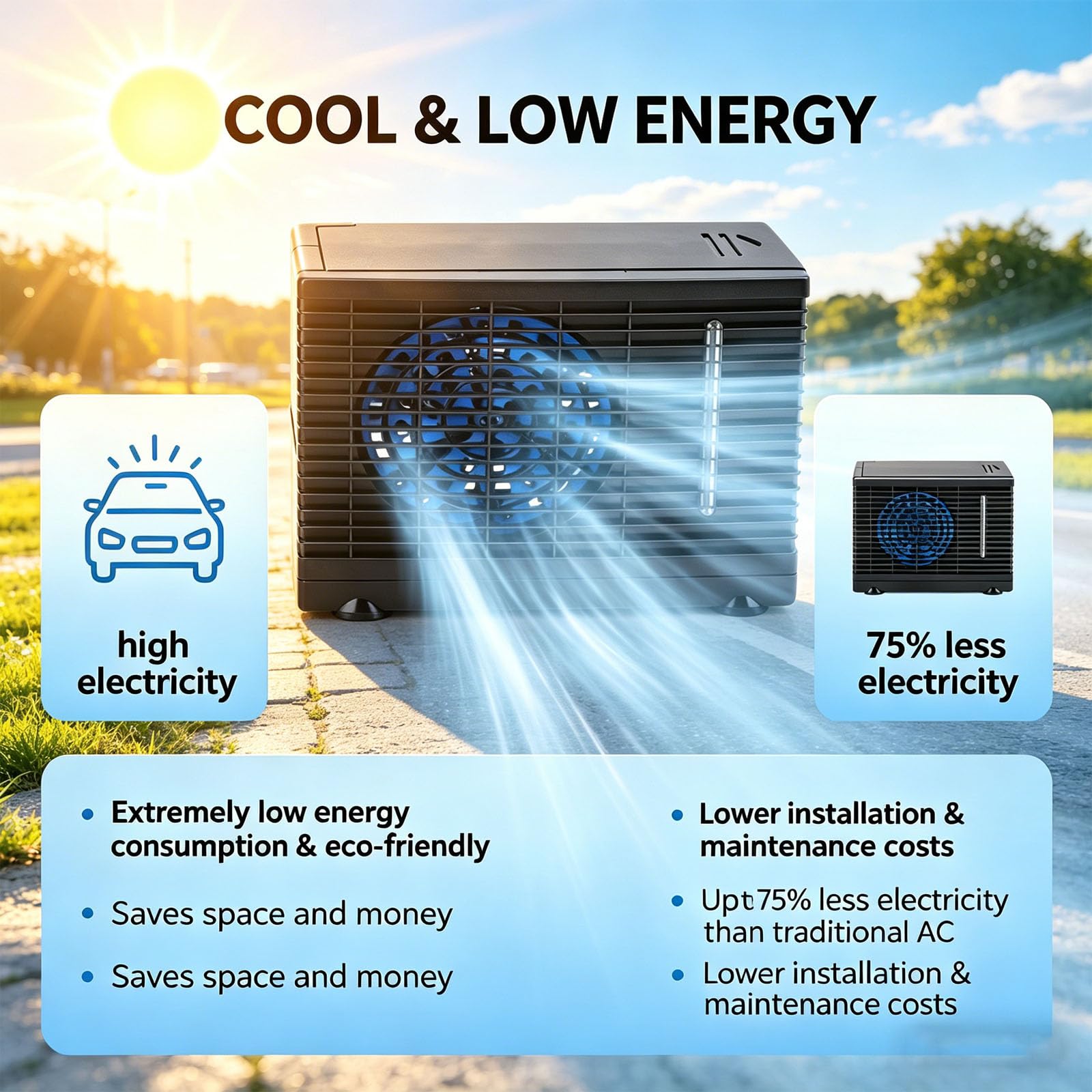 Aire acondicionado para furgoneta, unidad de acondicionamiento de 12 V, ventilador portátil con protección de apagado automático, bajo ruido, múltiples ajustes de velocidad del viento, vehículos y