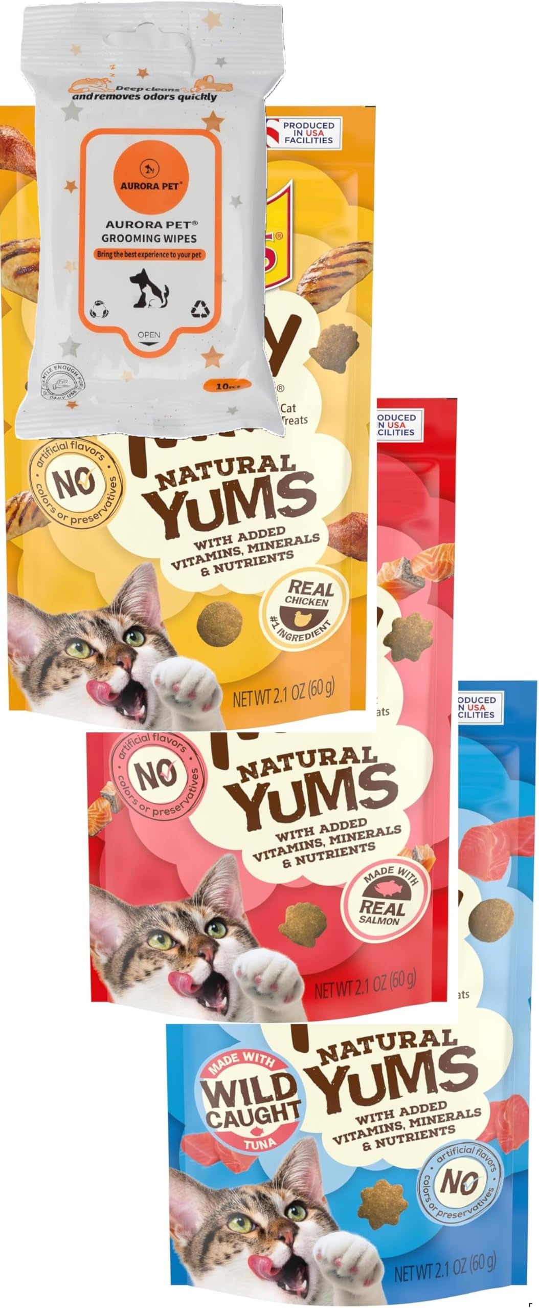 Variety Pack (3) Natural YUMS Cat Treats (1) Real Chicken (1) Real Salmon (1) Real Tuna with AuroraPet Wipes
