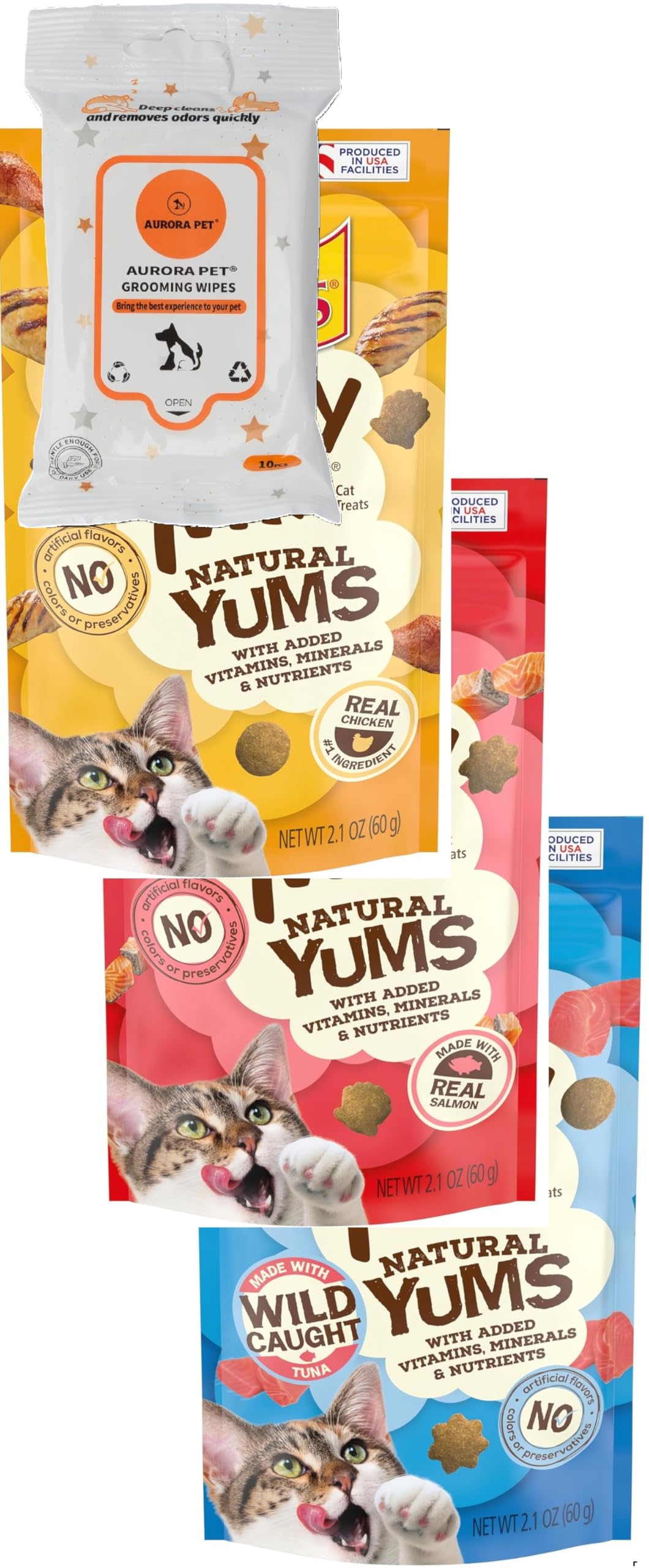 Aurora Pet Variety Pack (3) Natural YUMS Cat Treats (1) Real Chicken (1) Real Salmon (1) Real Tuna with AuroraPet Wipes