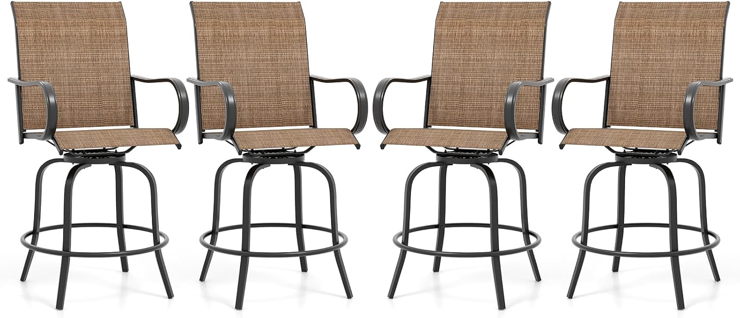 Giantex Set of 4 Swivel Outdoor Bar Stools, All-Weather Bar Height Patio Chairs, 330LBS Capacity, 360 Rotating Outside Bar Chairs with High Back Armrests, for Porch Yard Lawn Garden Pool (Brown)