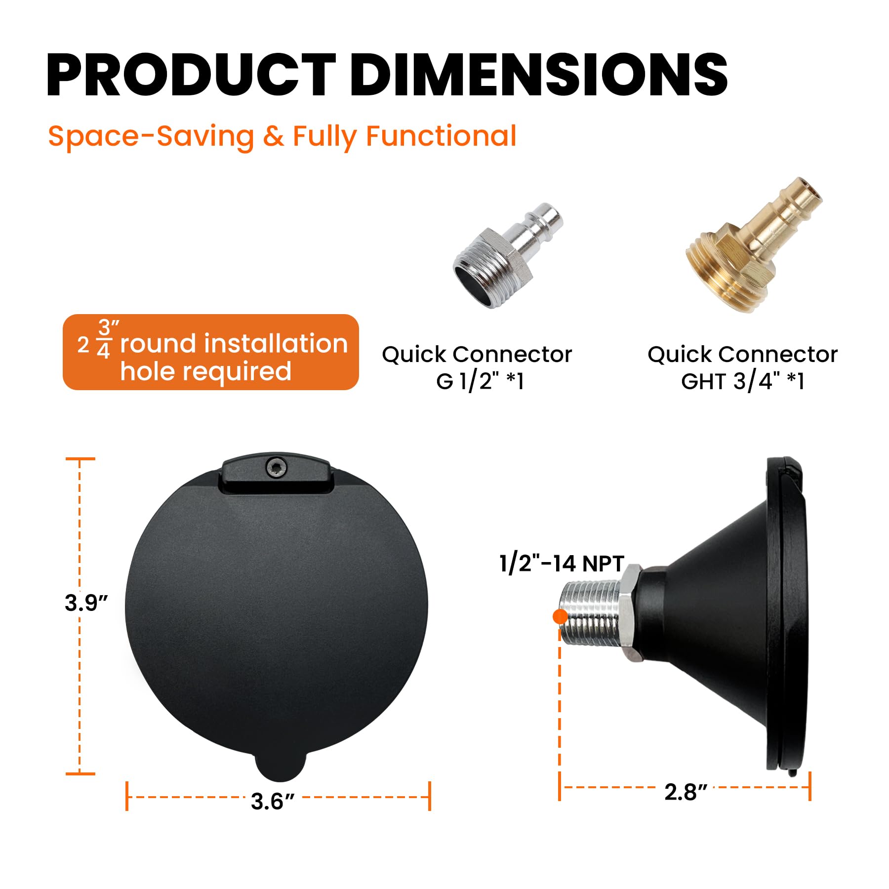 Całkowicie metalowy port natryskowy do kampera z adapterami G1/5.1 cm i GHT 1.9 cm, zewnętrzne podłączenie wody do kampera i przyczepy, szybkozłącze ze stali nierdzewnej, magnetyczna osłona