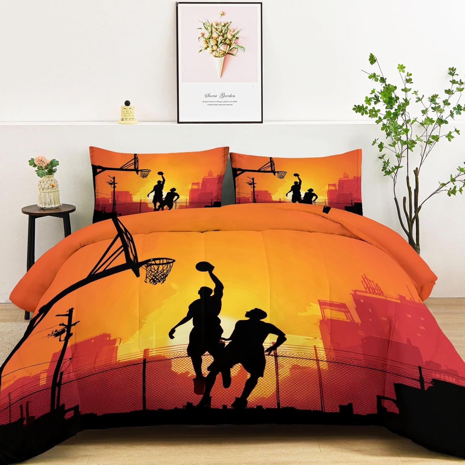 Silhouette Basketball Sunset Comforter Set Twin XL, Bedding Set for Kids and Adults, Orange Color Duvet Set Bedding Decor, Soft Quilt Set with 1 Pillowcase
