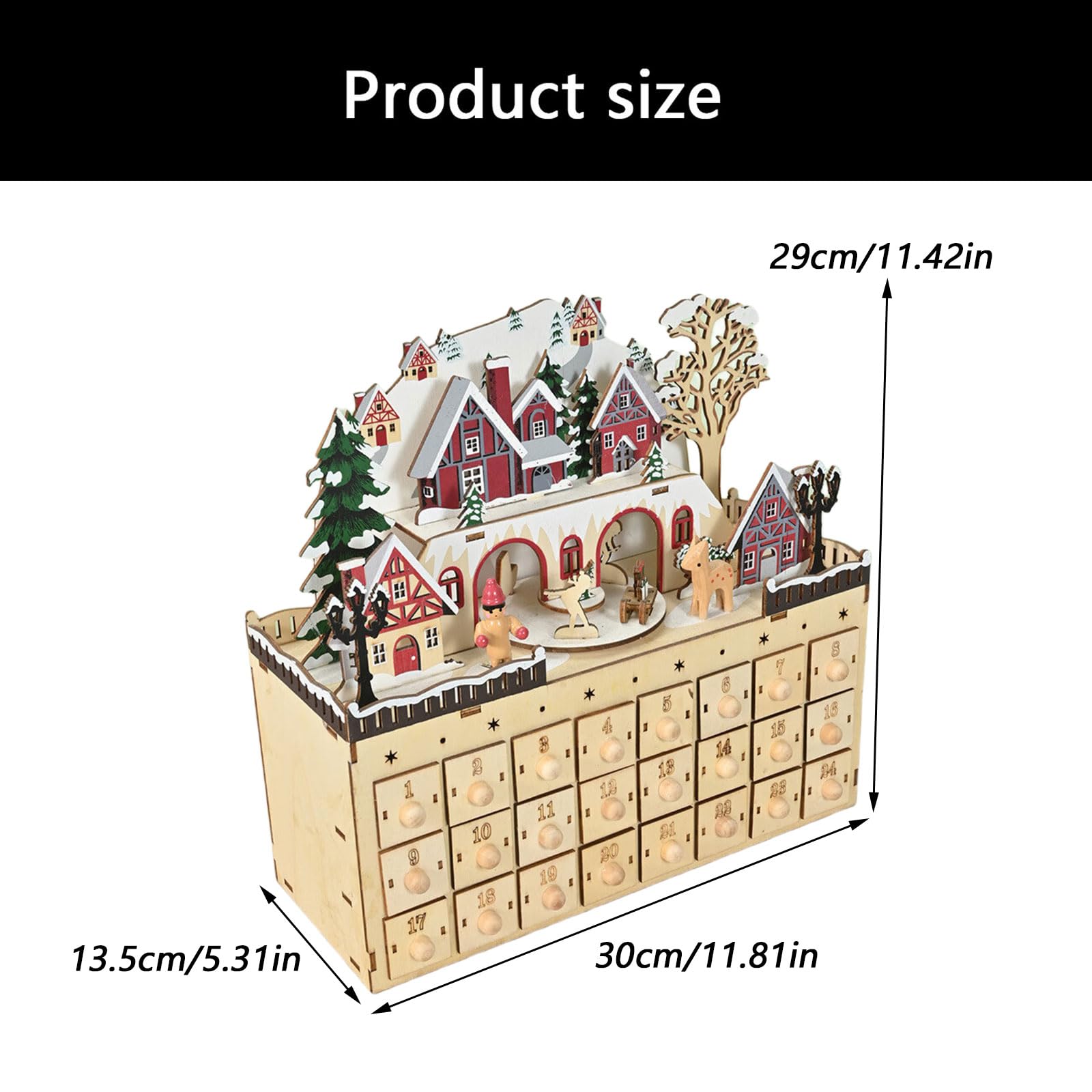 Gabinete de Calendario de Adviento de Navidad de Madera Natural con 24 Compartimentos de Regalo Adorno de Cuenta Regresiva de Casa de Pueblo Gabinete de Calendario de Cuenta Regresiva de Navidad