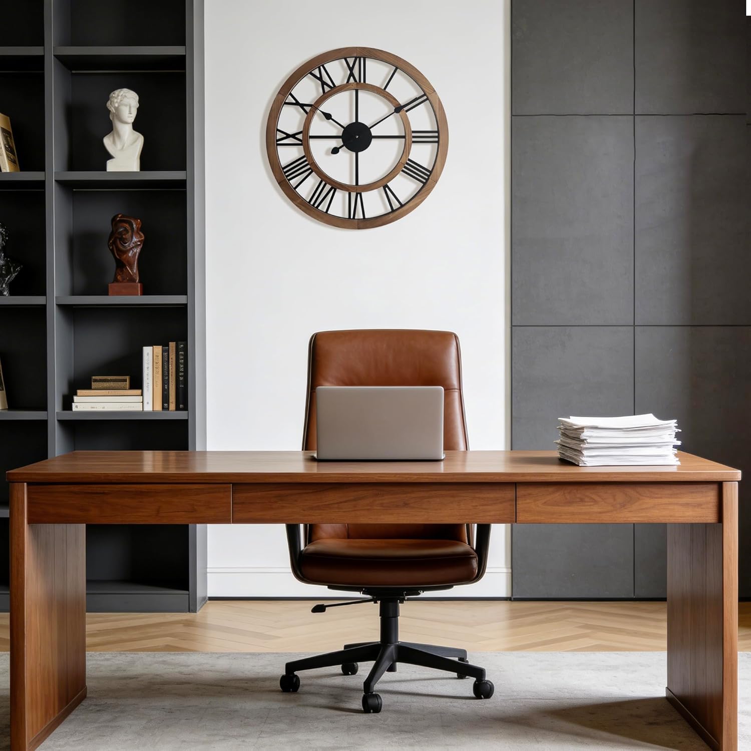 24 Inch Large Rustic Wall Clock Silent Non-Ticking Wooden Wall Clocks with Roman Numerals Farmhouse Decorative Clock for Living Room Bedroom Office (Brown, 24 Inch)