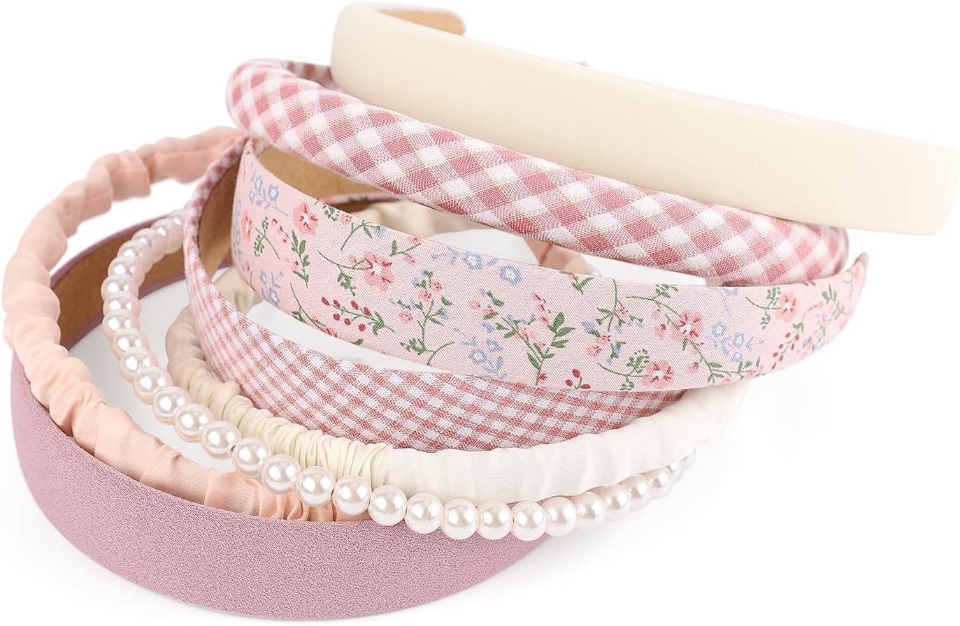 NALACAL Pink Headband Set, 8 Pcs Cute Pearl Headband, Fashion Headbands for Women Girls, Pearl Headband Floral Headbands, Vintage Wide Flower Headbands, for Women Girls Gift Hair Accessories