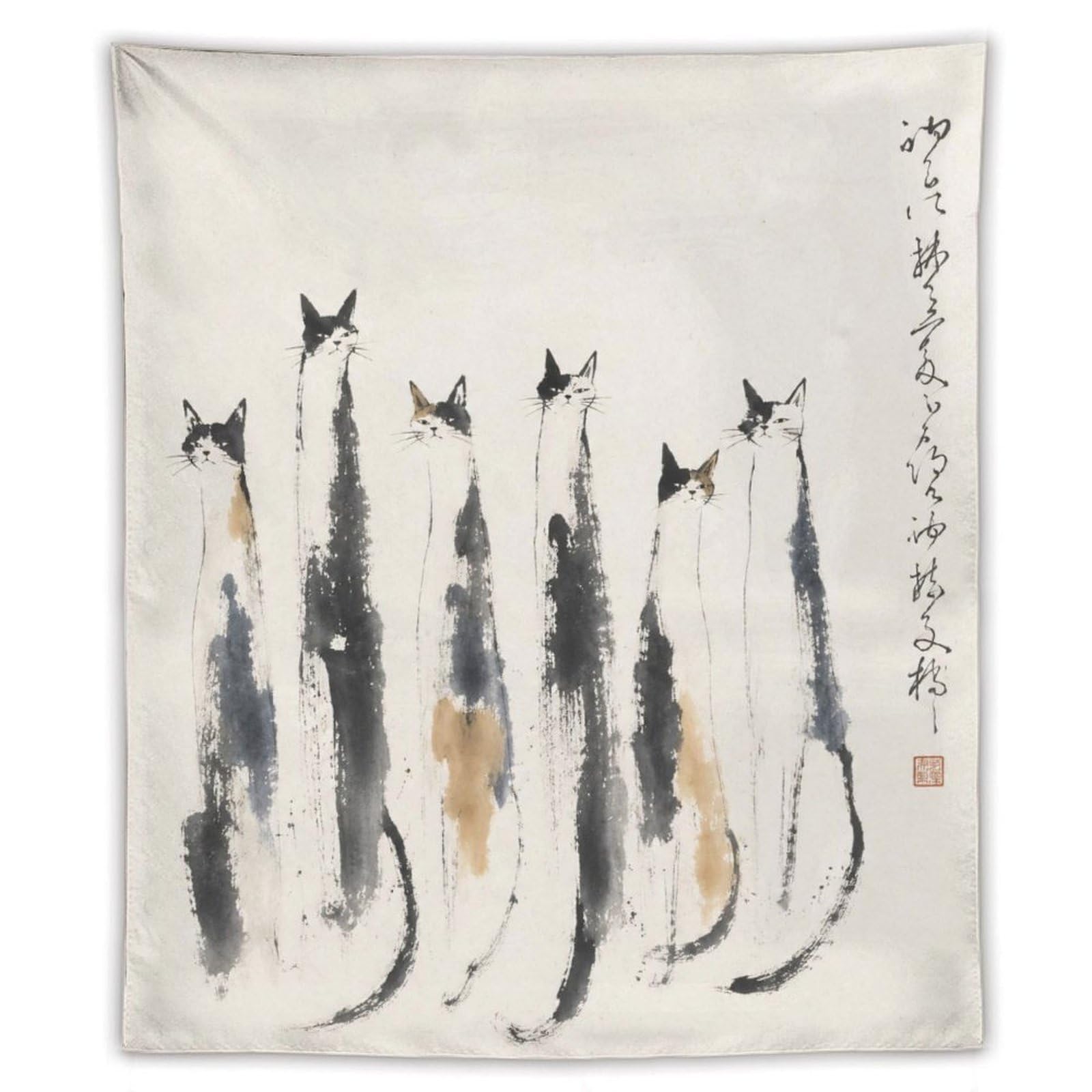 W7C8U2X3 Ink Cat Lineup Wall Tapestry, Asian Ink Style, Living Room