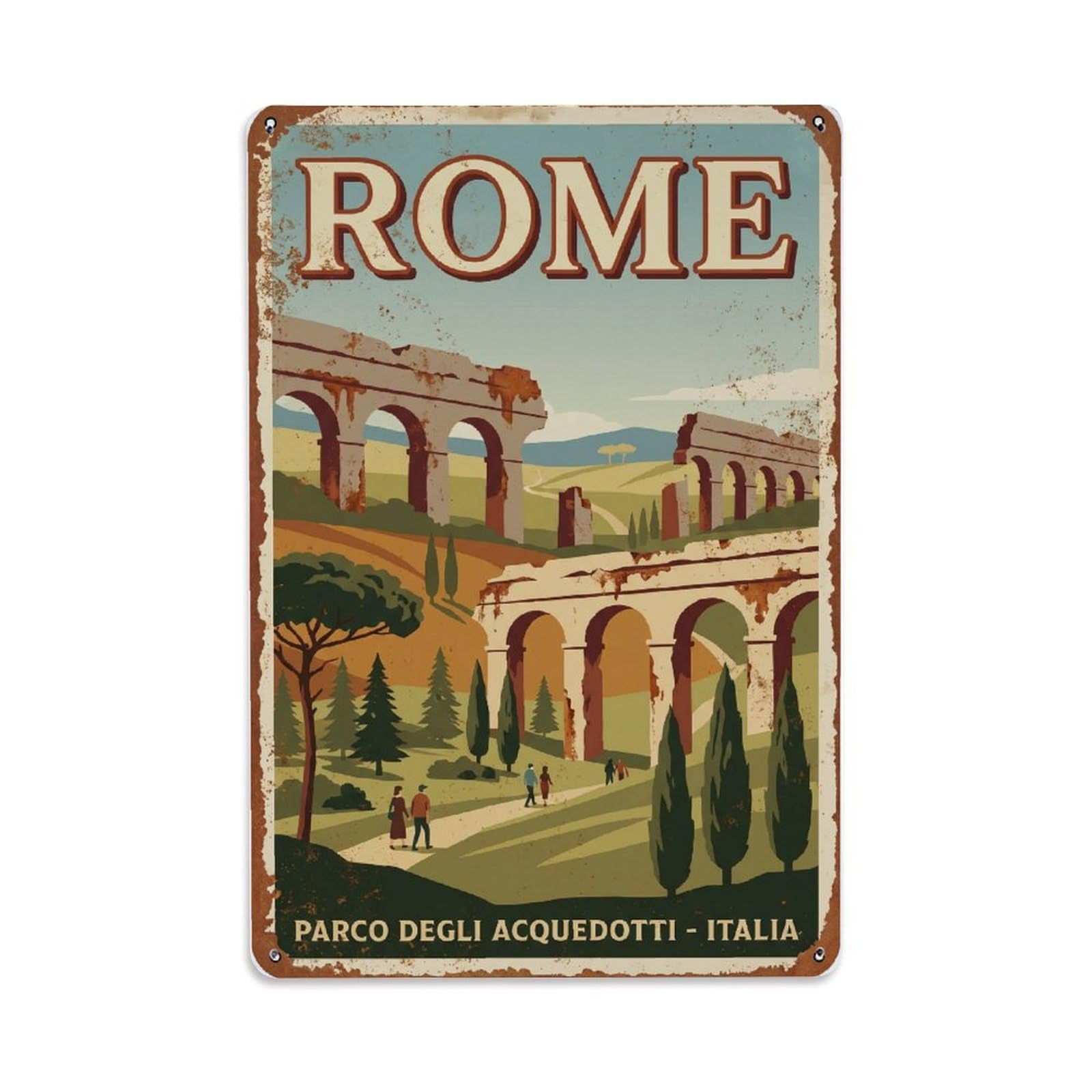 Vintage Travel Rome Parco Degli Acquedotti Ancient Aqueducts Park Rusted Italy Metal Tin Sign Plaque Wall Decor for Cafe, Club Bar, Office, Home Garden Metal Poster 8x12Inch