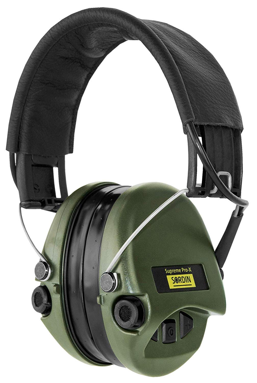 MSA Sordin Supreme Pro X - Premium Edition - Electronic Earmuff with black leather band, green cups and gel seals fitted