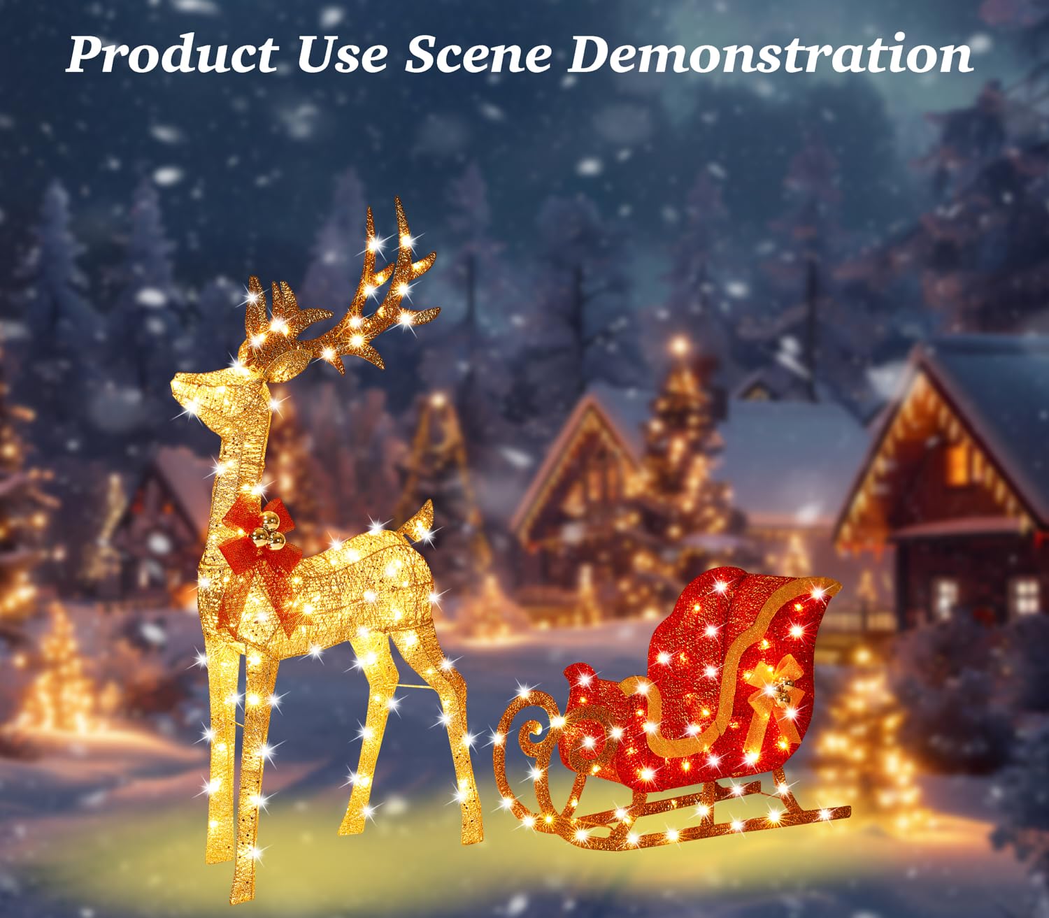 132 cm 3D Gold Groß beleuchtet Weihnachten Rentier & Schlitten Dekorationen 2 Stück Outdoor Urlaub Dekorationen Rentier Set mit 160 warmweißen LEDs Große Hofanzeige für Garten Schaufenster