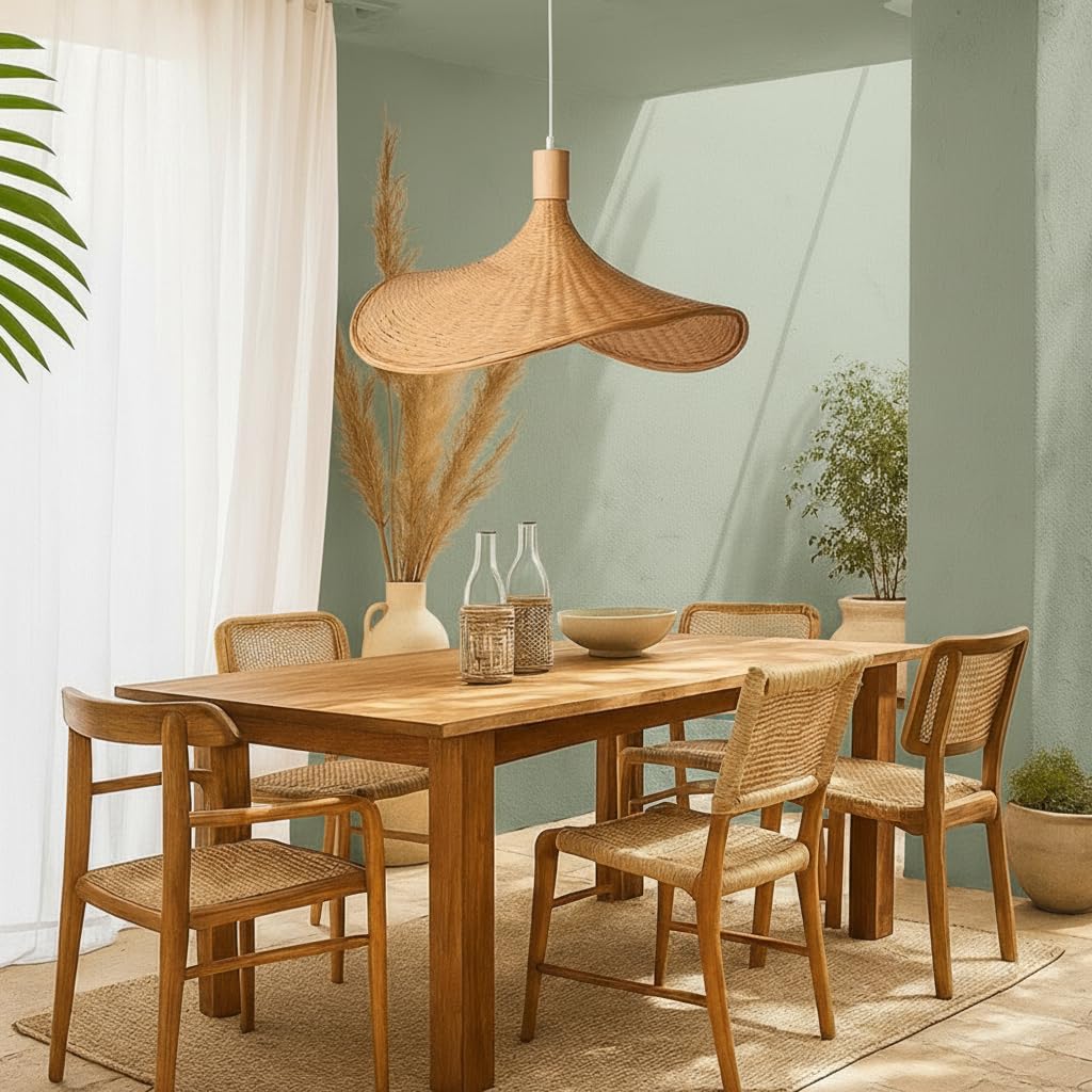 BARCELONA LED Lámpara Colgante de Mimbre y Bambú Bellas con Portalámparas de Madera, Estilo Nórdico Japonés Moderno Natural Industrial Clásico, E27, Techo InteriorÑÑ