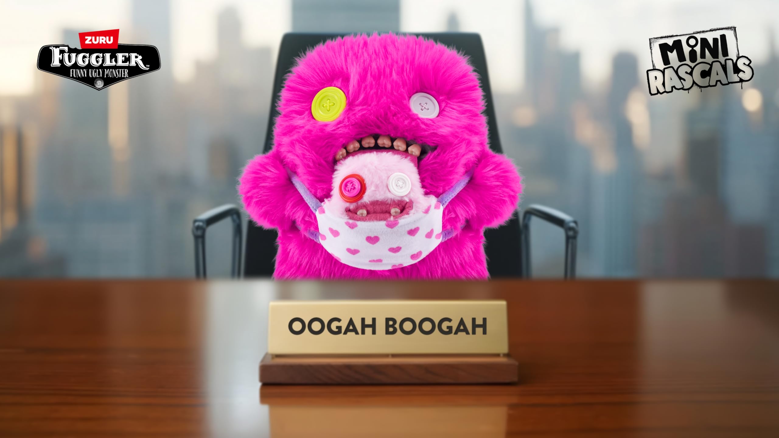 Fuggler Mini Rascals 9-inch Assortment Series 1 (Double Trouble) (Oogah Boogah (Pink - Long Pile) by ZURU, Funny Ugly Monster Plush Toy