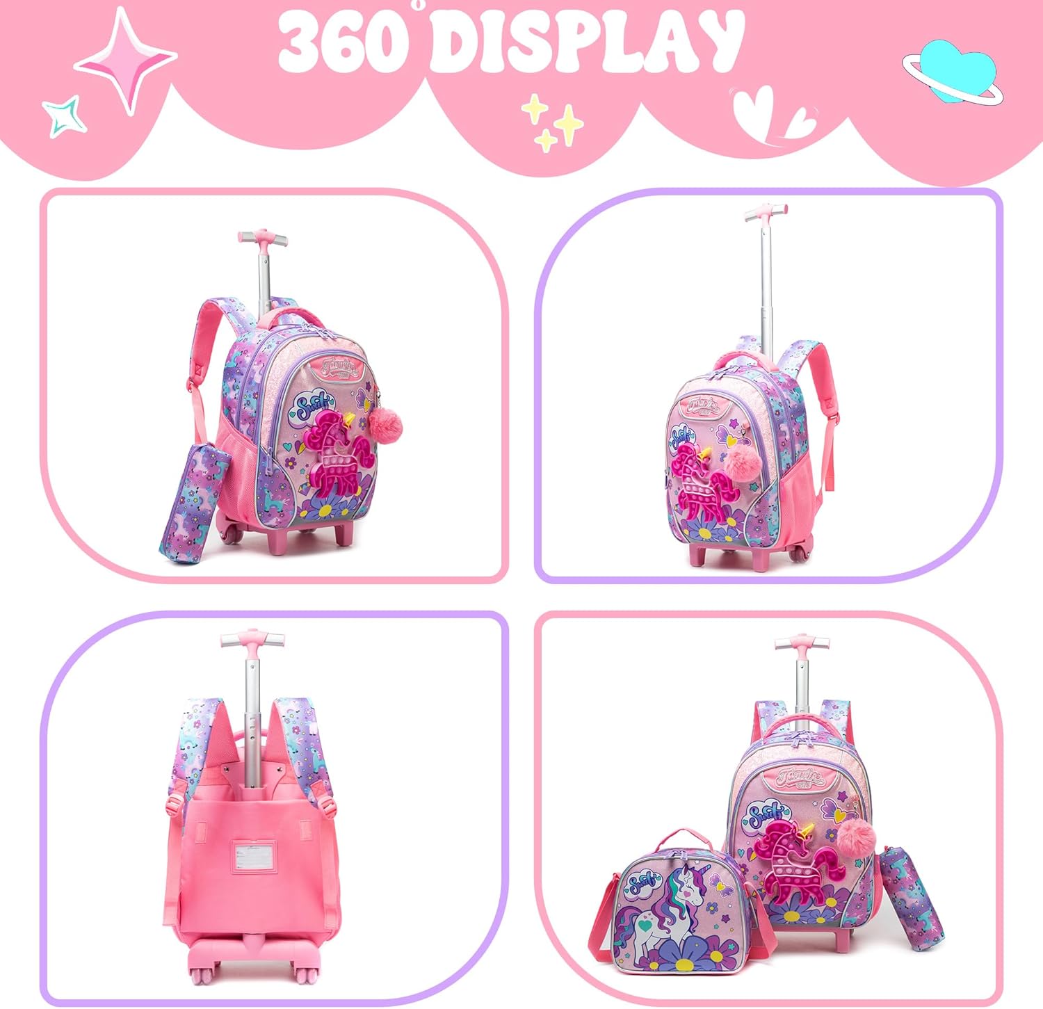 Meetbelify Unicorn Rolling Backpack with Wheels for Elementary Student Kids Wheels Trolley Trip Luggage with Lunch Bag Pencil Case for Girls Ages 6-8 - Image 3