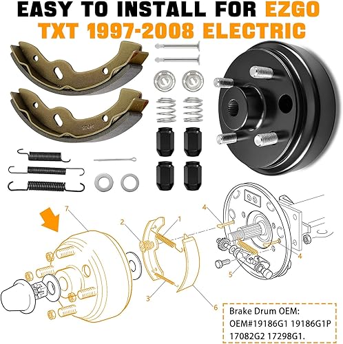 Miniatura 7 de EZGO Kit de mantenimiento de tambor de freno para 1997-2008 EZGO TXT eléctrico con carrito de golf, tambores de cubo de freno y zapatas de freno y