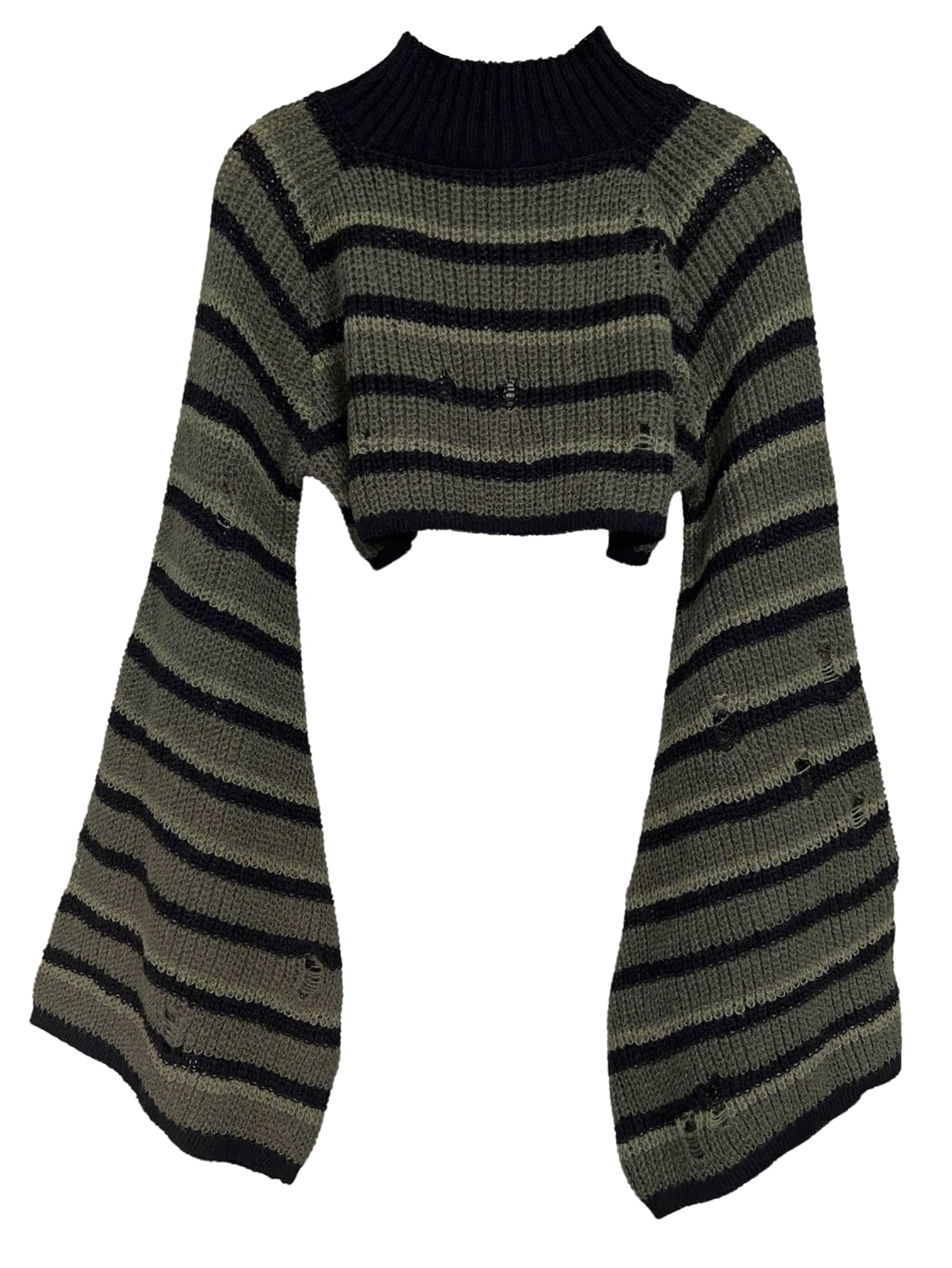 GORGLITTER Womens Striped Y2k Ripped Knit Gothic Tops Flare Sleeve High Neck Cropped Sweater