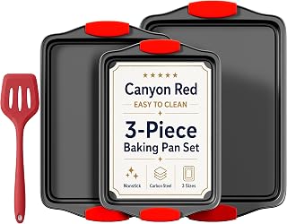 4‑Piece Non‑Stick Carbon Steel Baking Pans Set with Detachable Silicone Grips, Commercial‑Quality Rimmed Baking Sheets, Easy‑Clean Oven Trays for Cookies, Pizza, Cake, Home Kitchen Baking