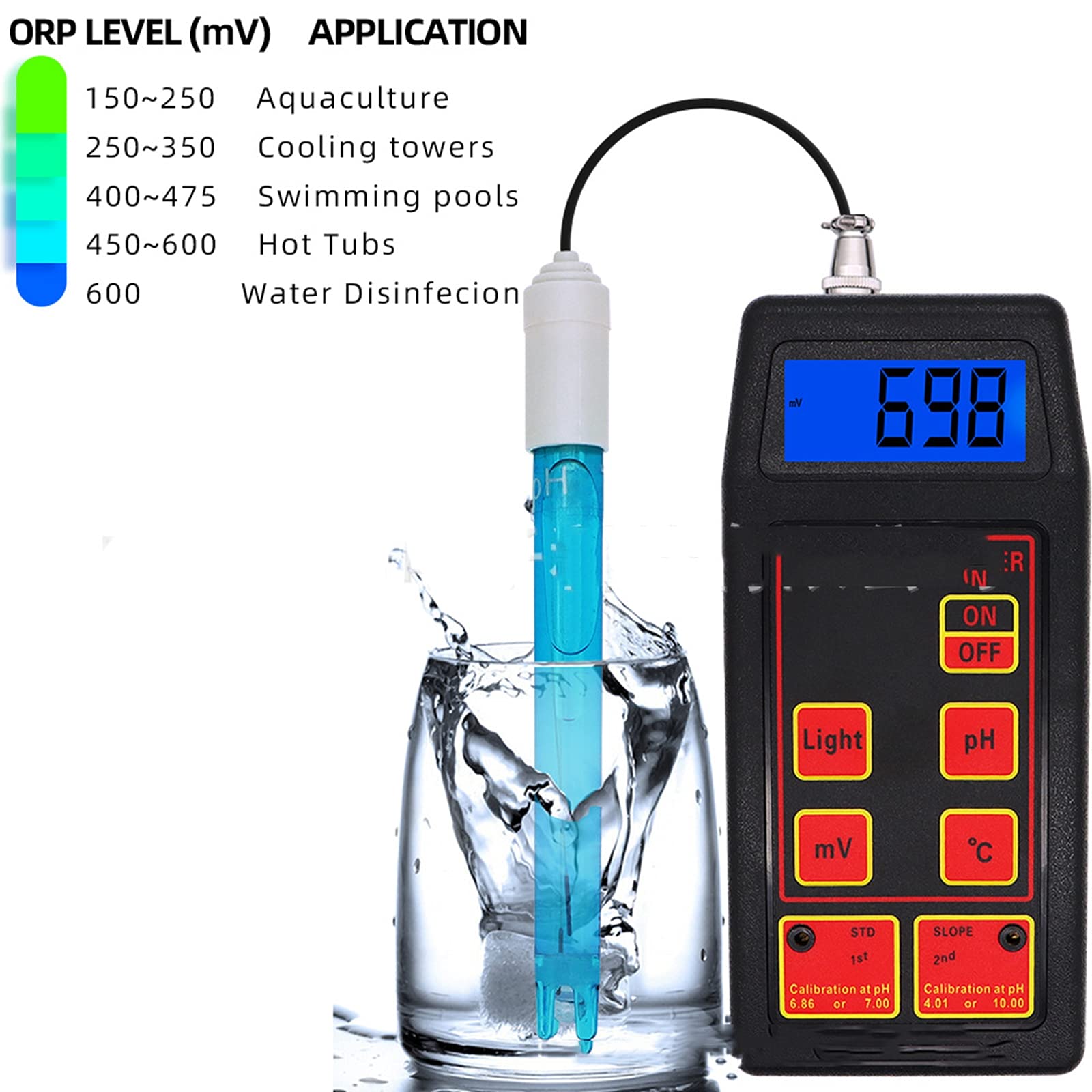 Monitor Digital de Temperatura de PH ORP ORP 3 en 1 Probador de Calidad de Agua Potable de Acuario Medidor de ORP de PH de sonda BNC reemplazable, Utilizado en Laboratorios,acuicultura