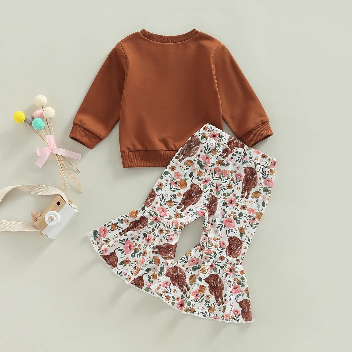 Karuedoo Toddler Baby Girl Western Outfit Letter Print Crewneck Sweatshirt Top Cow Flared Pants Set 2PCS Fall Winter Outfits - Image 7