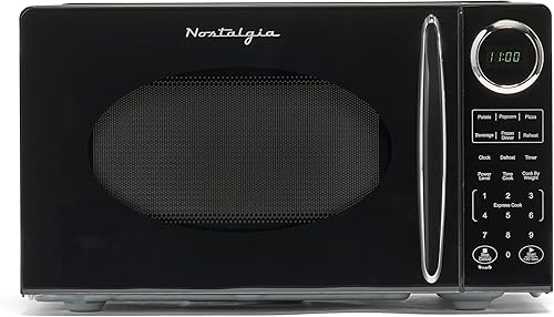 Nostalgia Horno microondas moderno retro para encimera, 900 vatios, 0.9 pies cúbicos, 12 ajustes de cocción preprogramados, reloj digital,