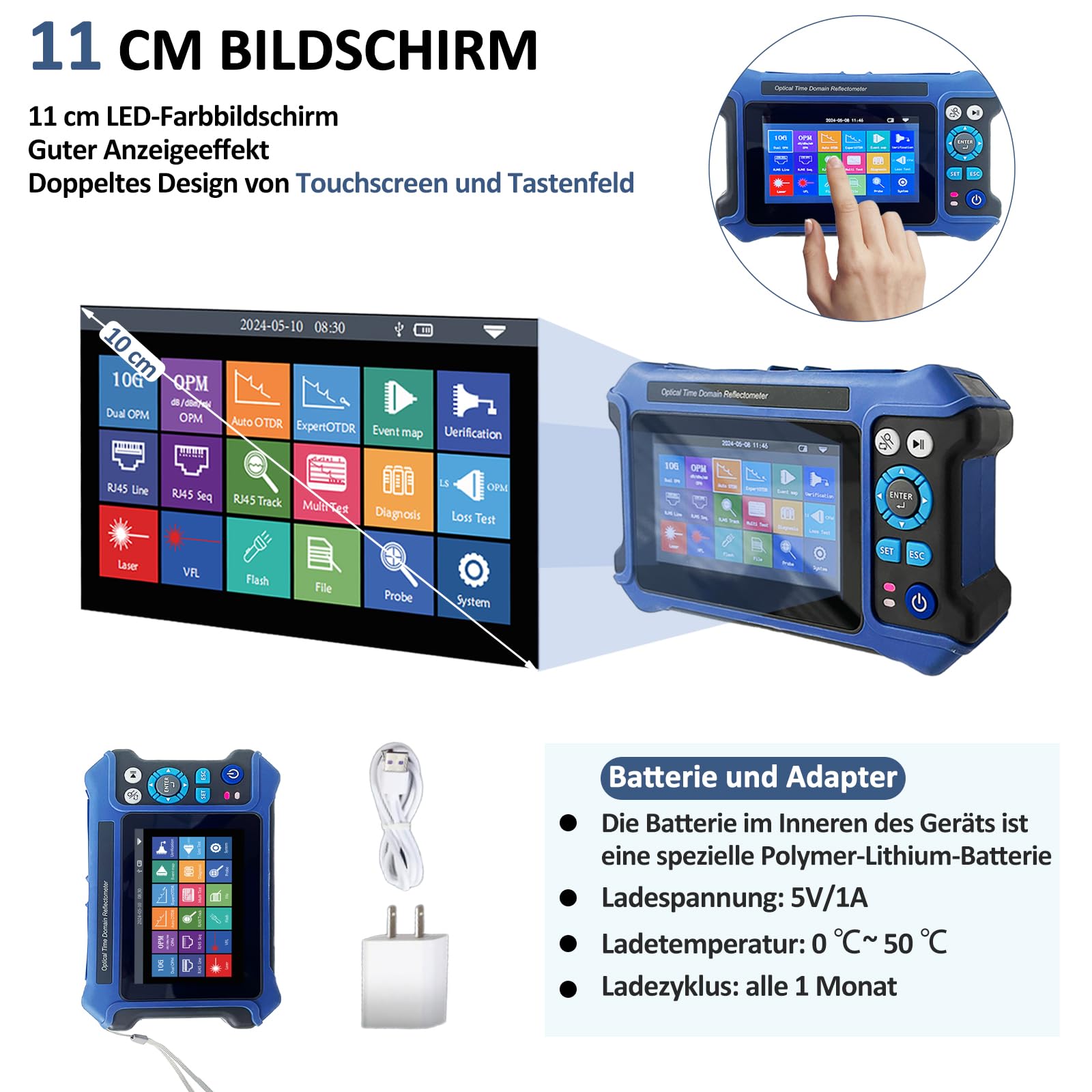 16-in-1 OTDR Optical Fiber Tester 1310/1550nm, 11cm Touchscreen und Event Map OLT (Optical Loss Test), Fiber Tester Built-in VFL OPM LS/OLS/RJ45, Funktionen RJ45 Kabel Tester Network Tools