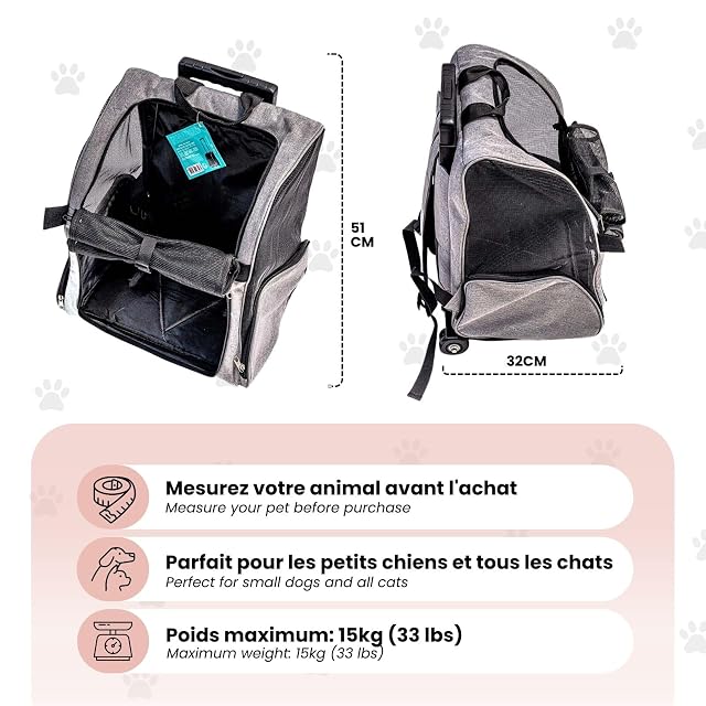 Foto 3 de 6 de ZOOPIZ - Bolsa de transporte para gatos (2 en 1, con ruedas y mochila, bolsa de transporte para gatos…