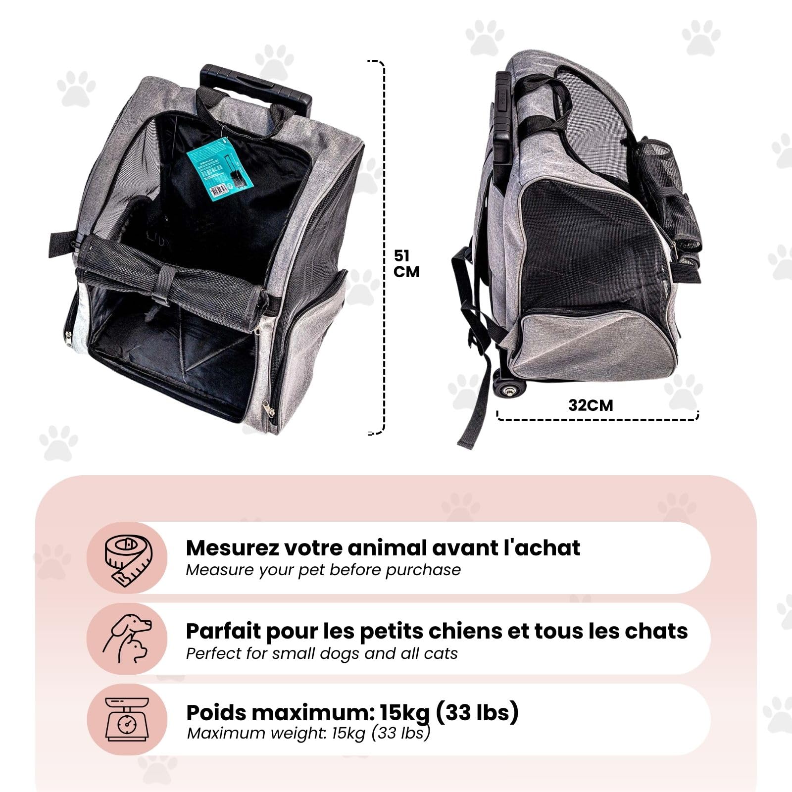 Sac Transport Chat 2-en-1 à roulettes et Sac à Dos - Sac de Transport pour Chat et Petit Chien Jusqu’à 15 kg -Sac à Dos Chat Transport Ventilé avec Poches de Rangement - 51 x 32 cm