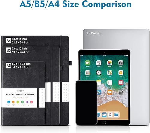 Miniatura 10 de Diario de viñetas punteadas, diario grande de cuero de tapa dura A4, diario grueso de 312 páginas numeradas, cuaderno de 3.53 ozm con cuadrícula de