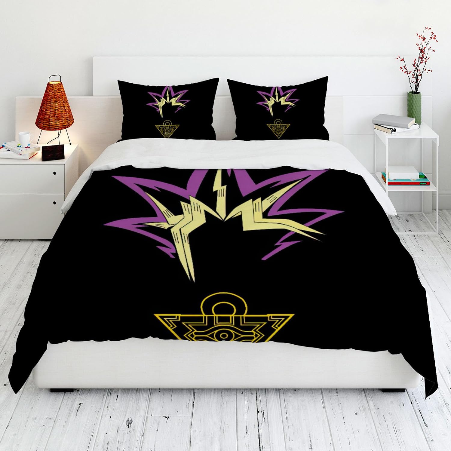 Allenjoy Queen Size Spiky Colorful Hair Comforter Set Golden Ancient Symbol Bed Bedding Sets Bedroom Decor with 2 Pillowcases