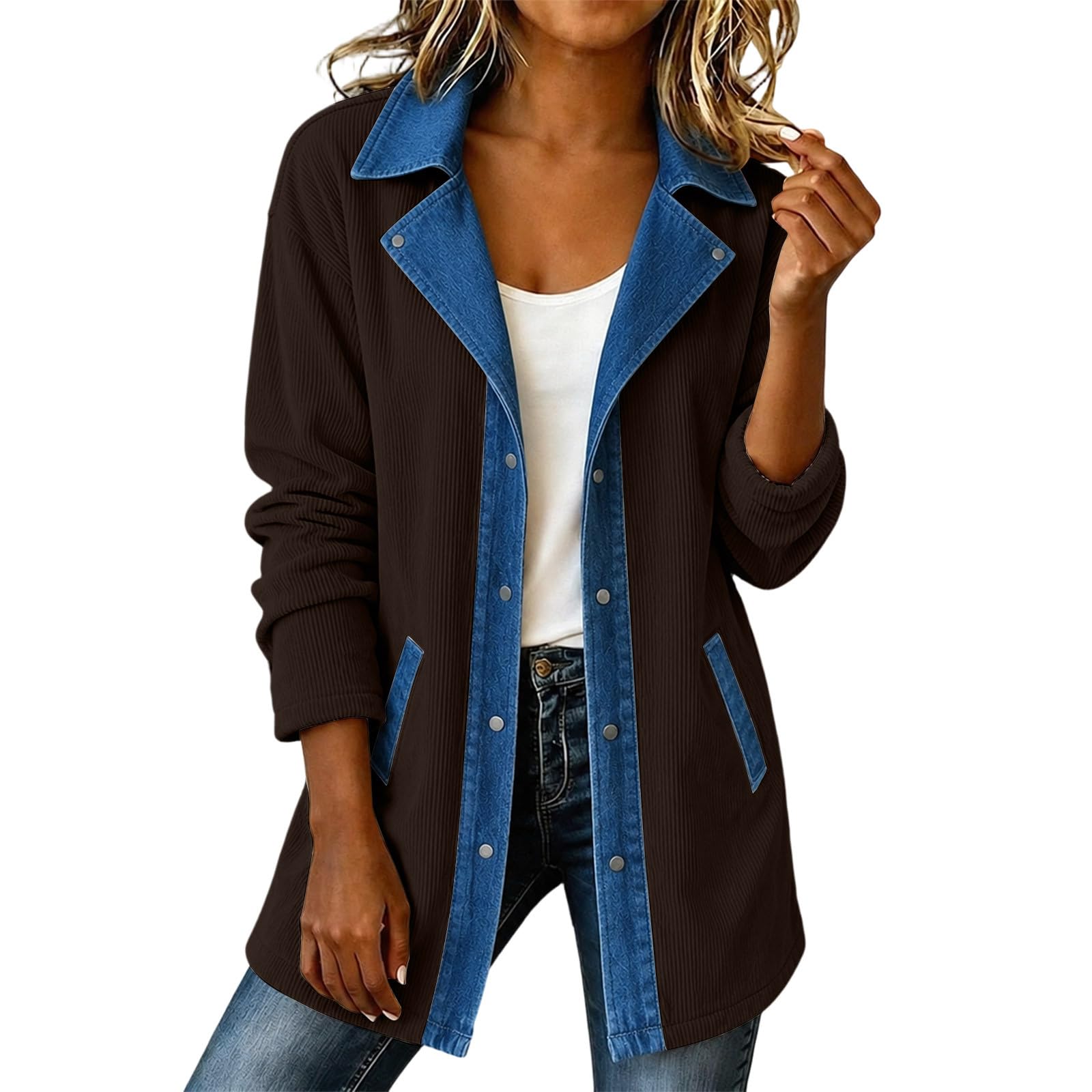 EMATOP Cordjacke Damen Lang Übergangsjacke Langarm Revers Denim Hemdjacke
