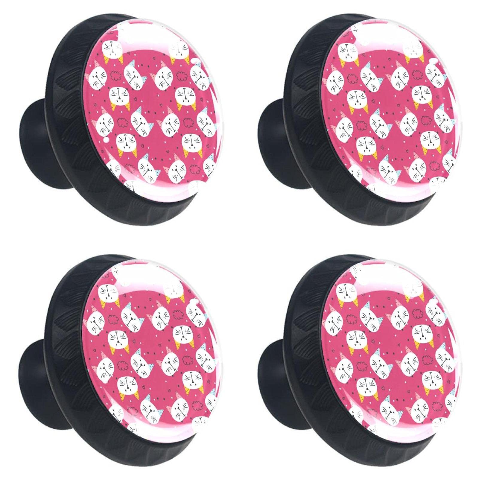 Boutons de tiroir chat blanc rose (lot de 4) - Poignées d'armoire multicolores pour la maison