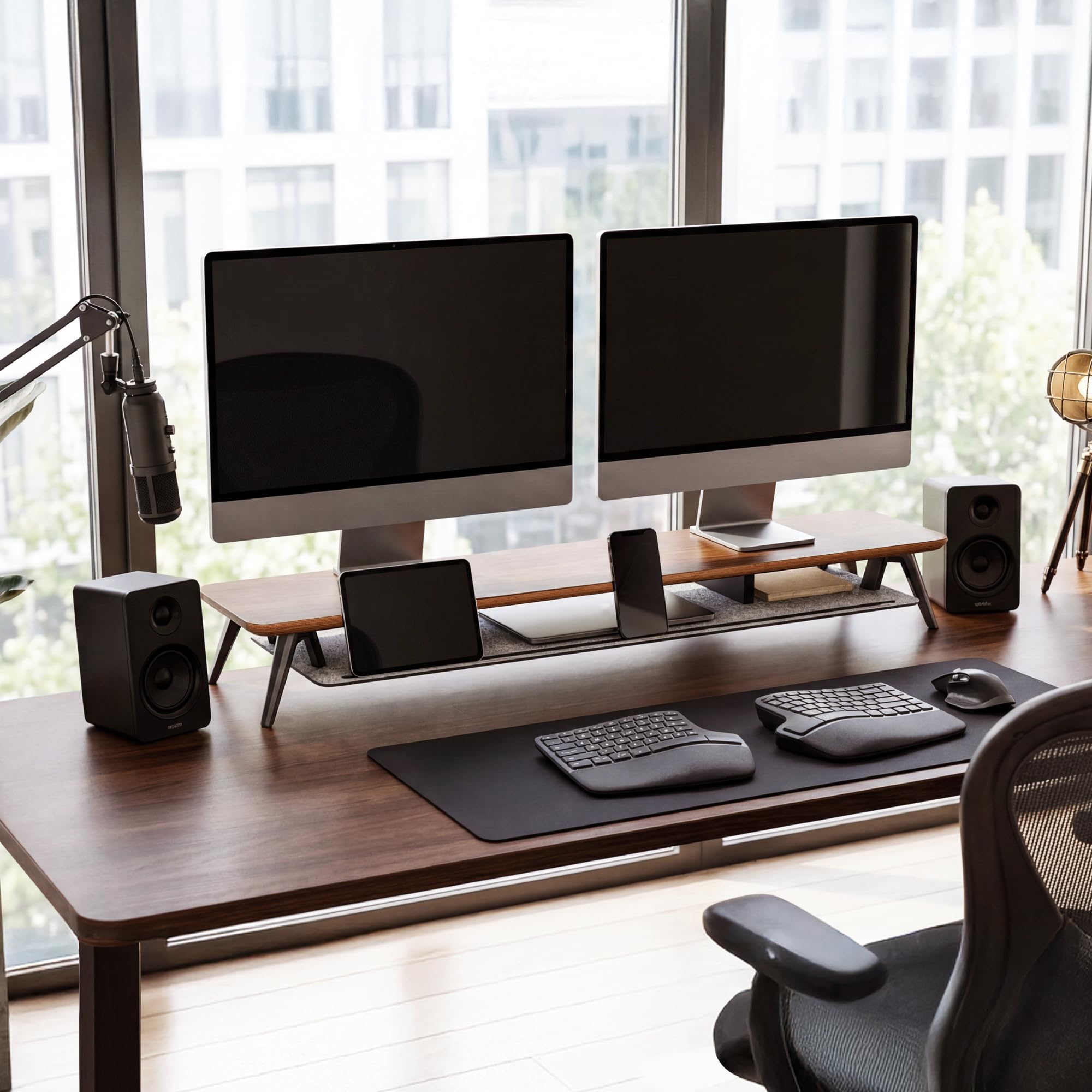 Fenge Monitorständer, 108cm, Mehrschicht-Massivholz, Laptop PC TV, Braun | 2 Geräte, Bis 45kg, Ablagefach für Telefon/Tablet/Stift, Kabel-Mgmt. Filz-bezogen, Alufüße, Bildschirm Schreibtisch Büro Home
