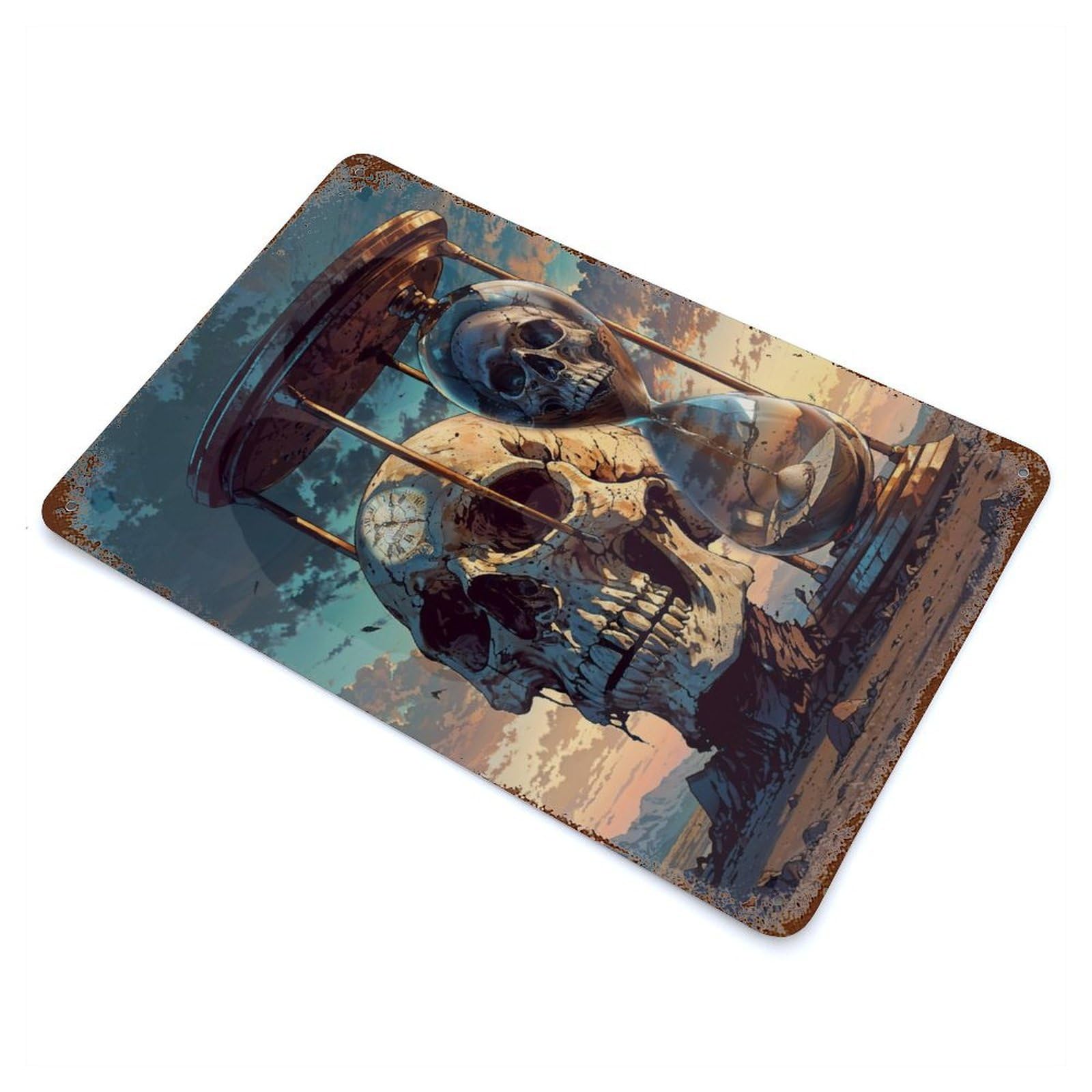Rust Effect Tin Sign Dual Skulls Sand Timer 11.8"x7.9", Vintage Wall Decor for Living Room, Hallway And Home Decor