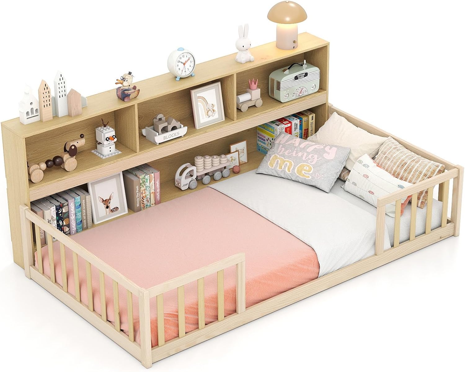 Image demonstrating the 2-in-1 design, showing the bed configured for sleeping and then as a play area with toys inside.