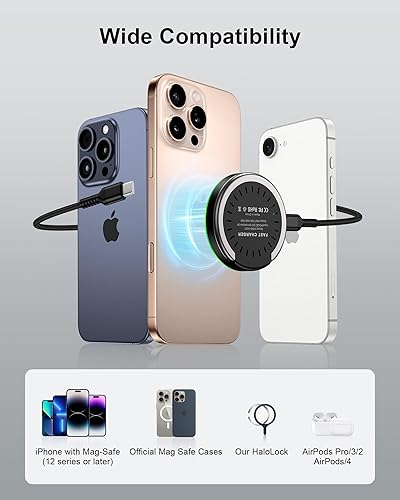 Miniatura 5 de Magsafe Cargador para Apple iPhone 17 Pro Max17 Pro17Air16 15 14 13 12 Series, 15 W, cargador inalámbrico magnético de 15 W, estación de carga