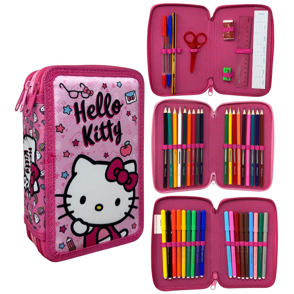 CARTOON Estuche de 3 cremalleras completo de 44 piezas para la escuela, multicompartimento, bolígrafos, lápices, colores, rotuladores Giotto, Hello Kitty, 20 x 13 x 6 cm, Moderno
