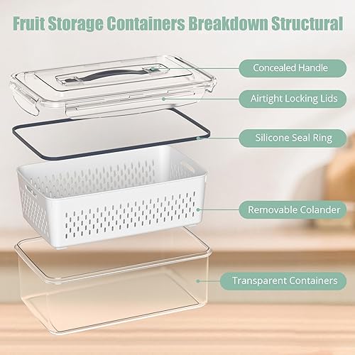 Miniatura 4 de 5 recipientes de almacenamiento de frutas para refrigerador con colador extraíble y tapa de asa, organizadores y almacenamiento de refrigerador,