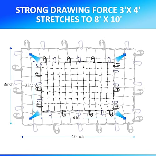 Miniatura 3 de Vedozo Red de carga para caja de camión, 3 x 4 pies que se estira a 8 x 10 pies, red para cama de camioneta, malla elástica de 4 x 4 pulgadas con 24