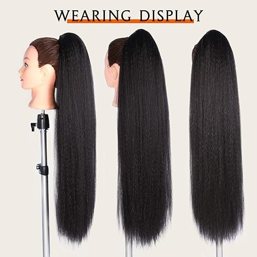 Miniatura 5 de WIGNEE Extensión de cola de caballo sintética recta de 28 pulgadas para mujeres negras, extensiones de cabello Yaki (28 pulgadas)