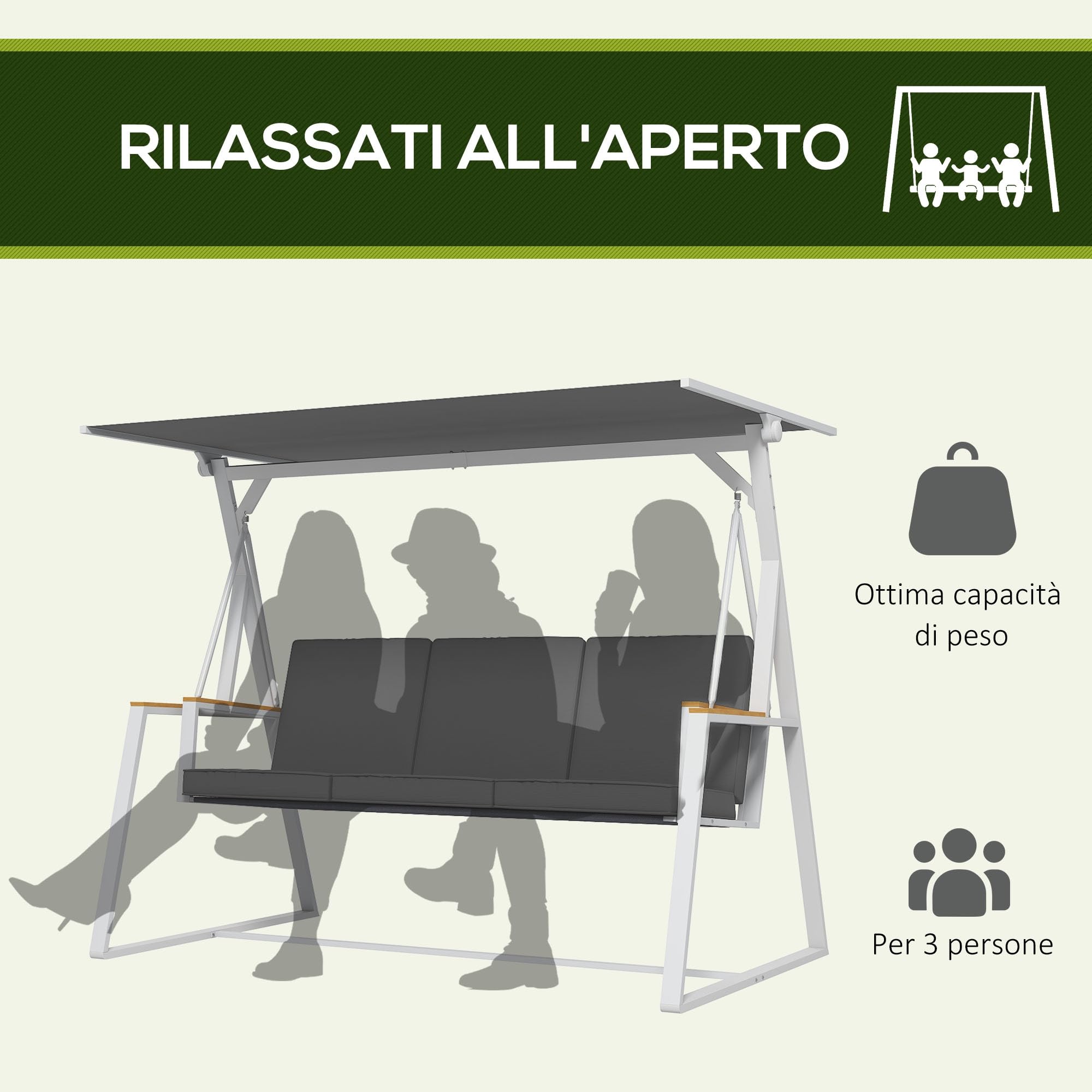 Outsunny Dondolo 3 Posti con Tettuccio Inclinabile e Cuscini, Dondolo da Giardino in Acciaio con Seduta Traspirante, 205x130x175 cm, Grigio Scuro