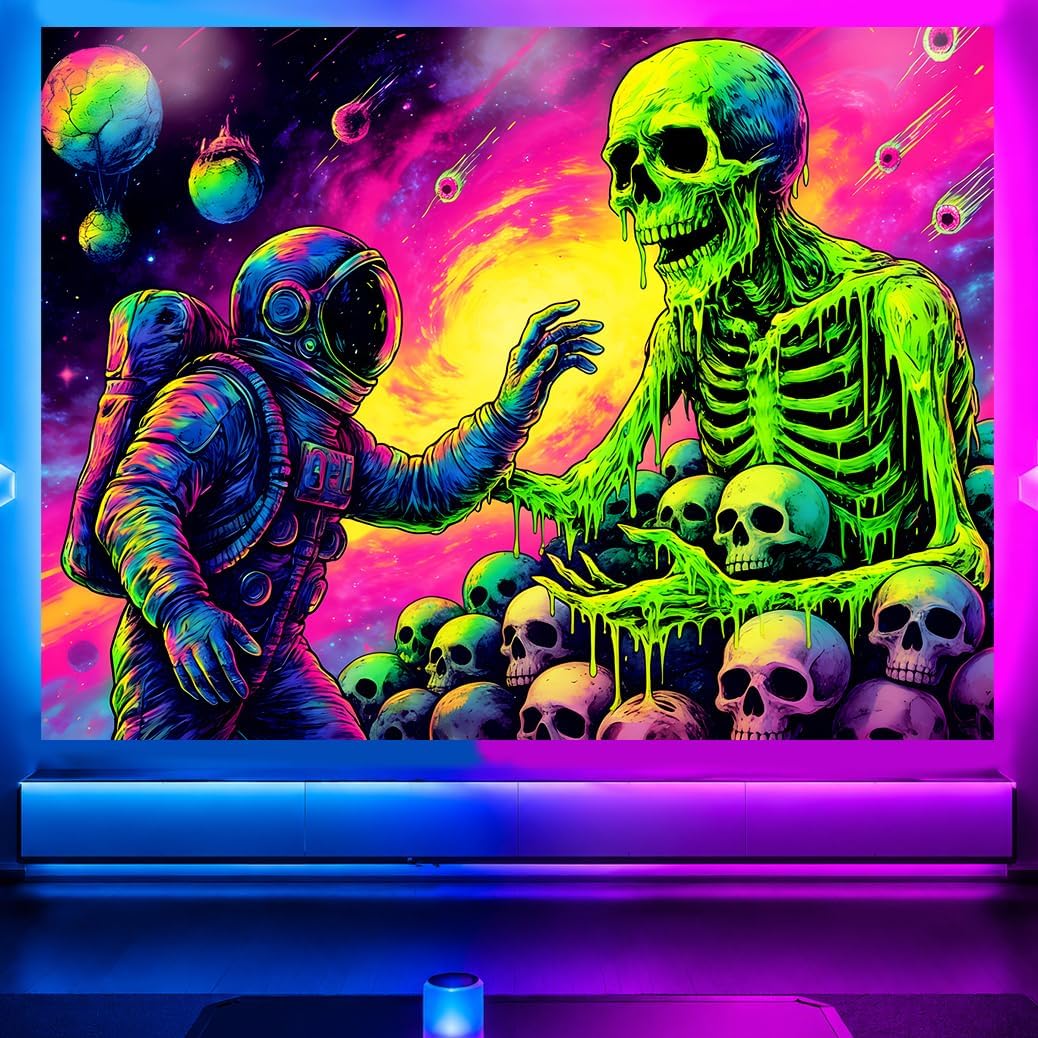 UV Tapestry 78.74X59.06in, Blacklight Reactive Tapestry Fluorescent, Hanging Neon Wall Tapestry for Bedroom Dorm, Room Tapestry Large Wall, Tapestry Room Backdrop, Cosmic Skeleton Wall Decor, Halloween & Party