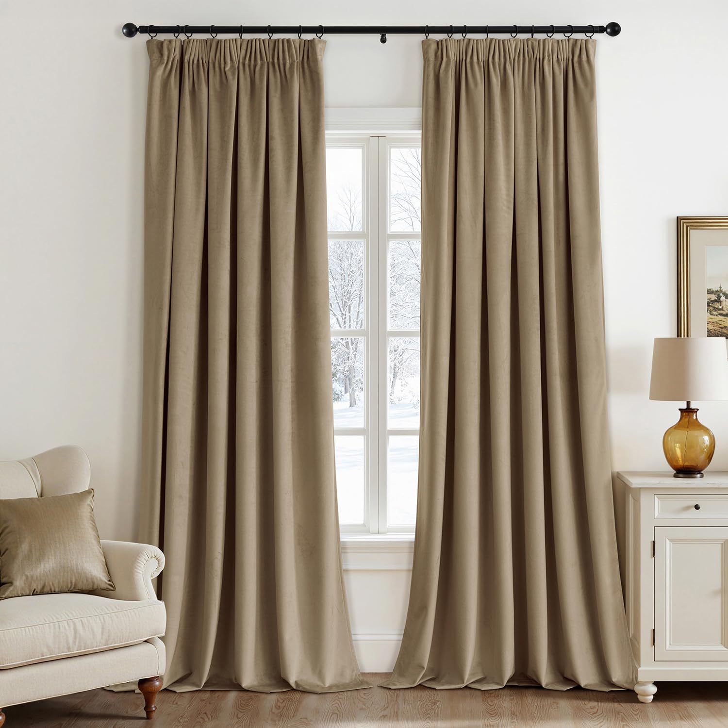 EMEMA Cortinas de terciopelo con cinta fruncidora de terciopelo H-beige, cortinas decorativas opacas, juego de 2 unidades, bonito grosor y pesado, para salón, dormitorio, oscurecimiento, cortina