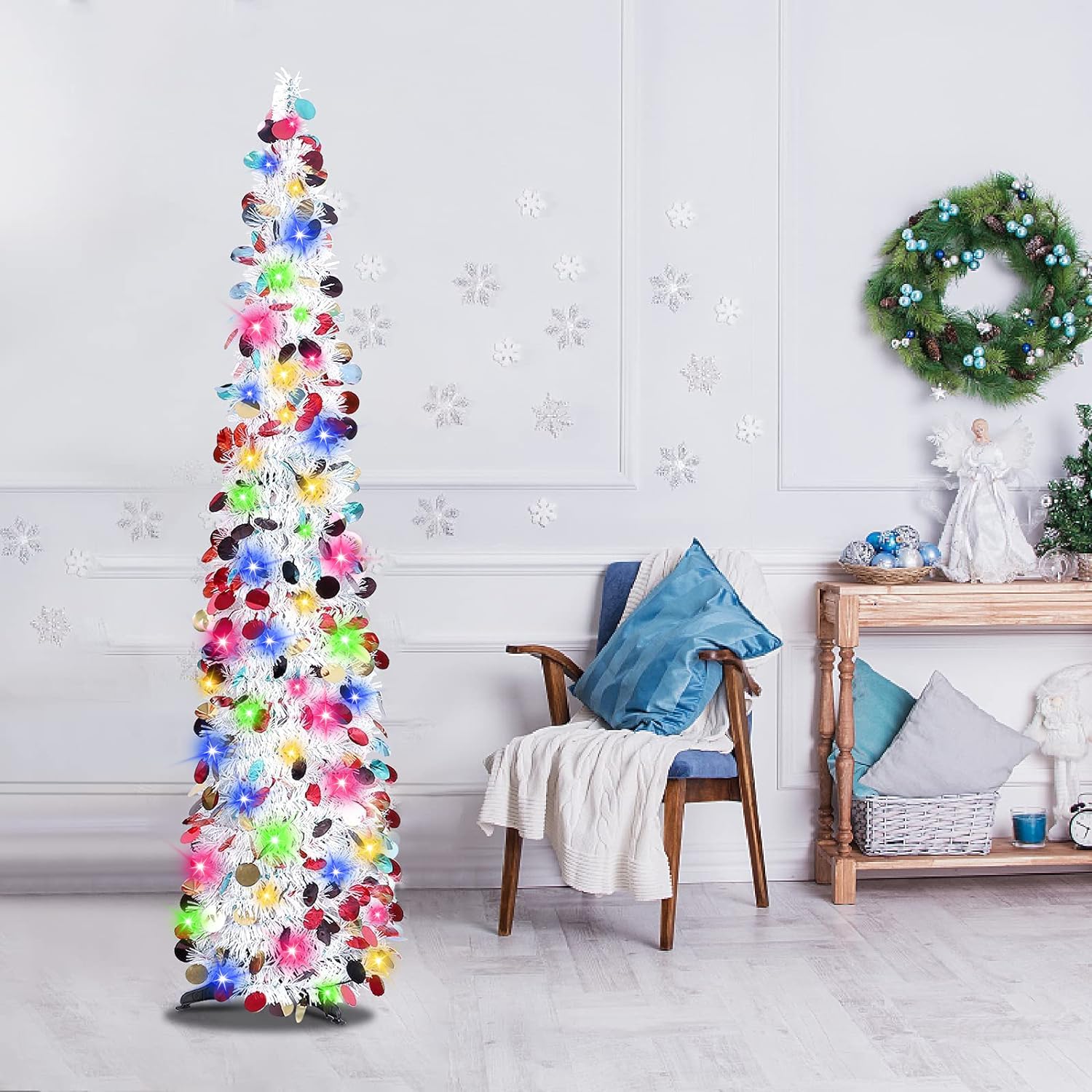 N&T NIETING Sapin de Noël artificiel pliable de 1,5 m pour décoration intérieure et extérieure Blanc