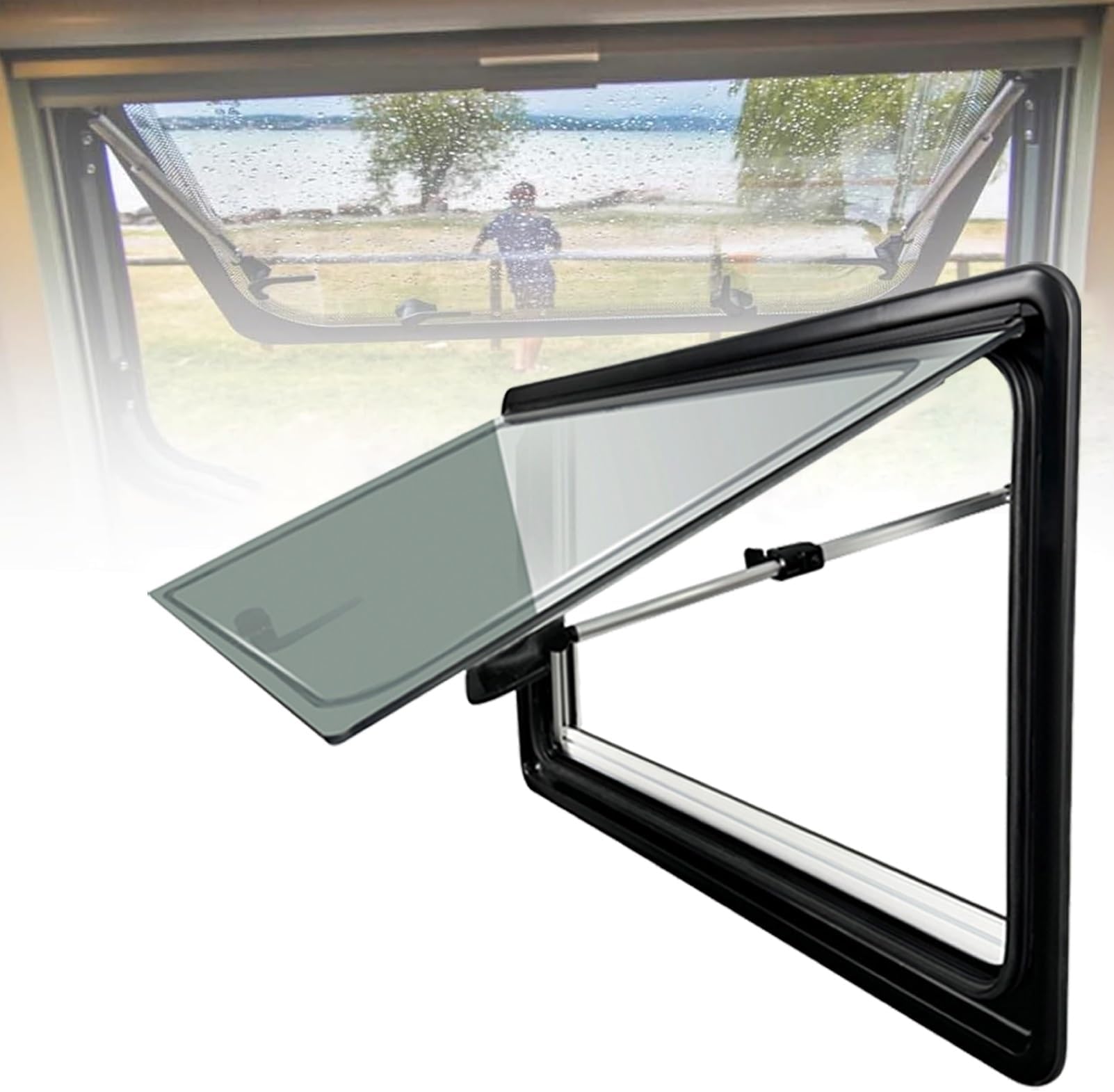 RV/Camper Emergency Exit Windows Replacement with Built-in Shades & Mosquito Net – UV-Resistant Dual Acrylic Glass, 70° Adjustable Opening, for Vans,Caravans and CargoTrailer