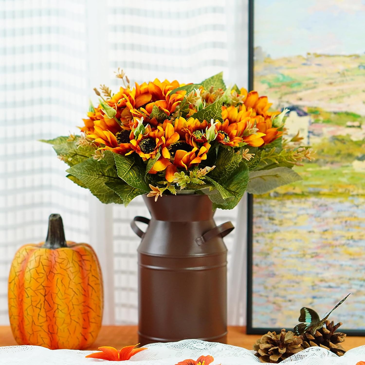 Fake Fall Flowers with Vase 12inch Artificial Fall Sunflowers with Metal Pot Faux Fall Silk Flowers Arrangements for Harvest Home Fall Table Centerpieces Wedding Indoor Fall Decor - Image 2