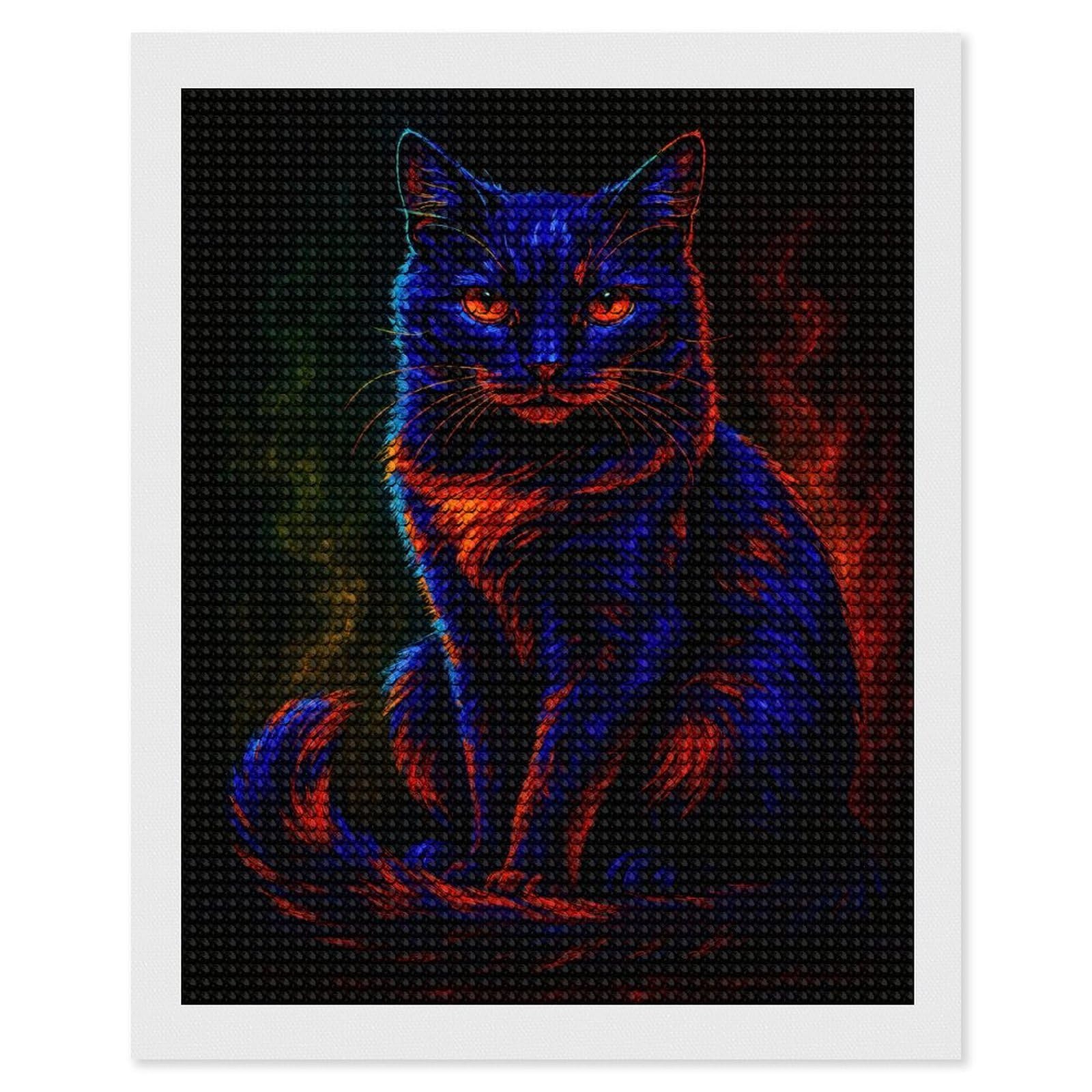 Junmoney Neon Cat Portrait Diamond Art Kit 16"x20", Vintage Style Decor, Stress Relief Craft, Decor Project, Relaxing DIY, Creative Hobby