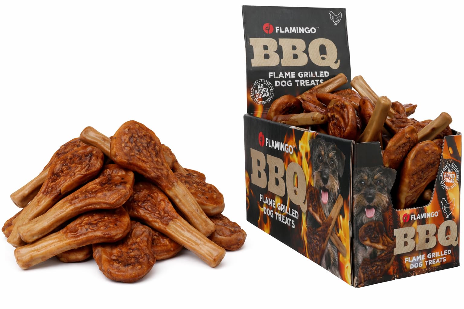 Snack per cani - Bastoncini per cani - Flamingo BBQ Costoletta con pollo L - 13 x 5 x 1 cm - 1,9 kg display - ricco di proteine - senza glutine - senza cereali - senza zuccheri aggiunti