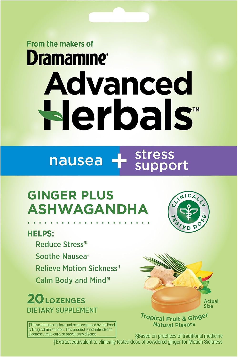 From the Makers of Dramamine, Advanced Herbals Ginger & Ashwagandha Lozenges, for Nausea Relief & Stress Support, Tropical Fruit and Ginger Flavor, 20 Count