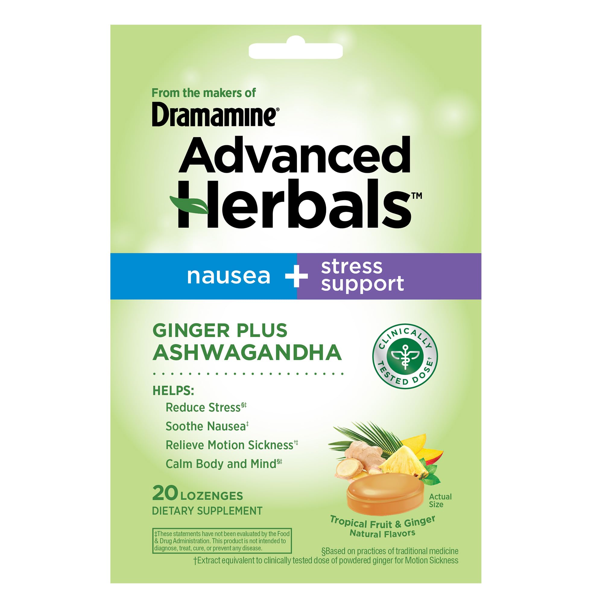 From the Makers of Dramamine, Advanced Herbals Ginger &amp; Ashwagandha Lozenges, for Nausea Relief &amp; Stress Support, Tropical Fruit and Ginger Flavor, 20 Count